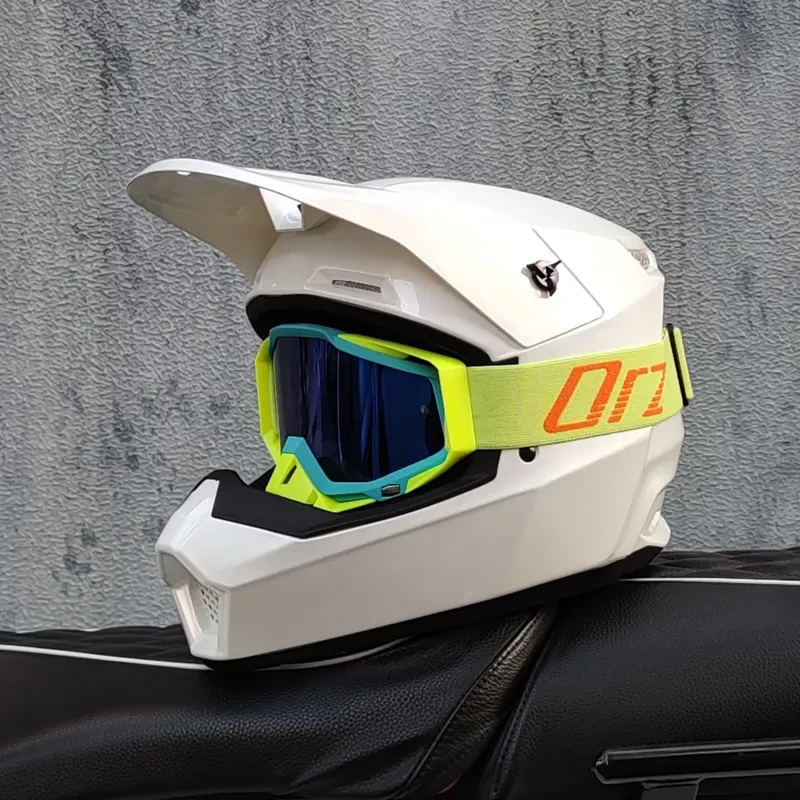ORZ Mh2026 off Road Helmet Pearl White Neon Frame Iridescent Goggles