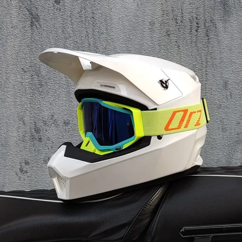 ORZ Mh2026 off Road Helmet Pearl White Neon Frame Iridescent Goggles