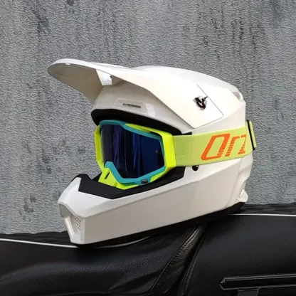 ORZ Mh2026 off Road Helmet Pearl White Neon Frame Iridescent Goggles