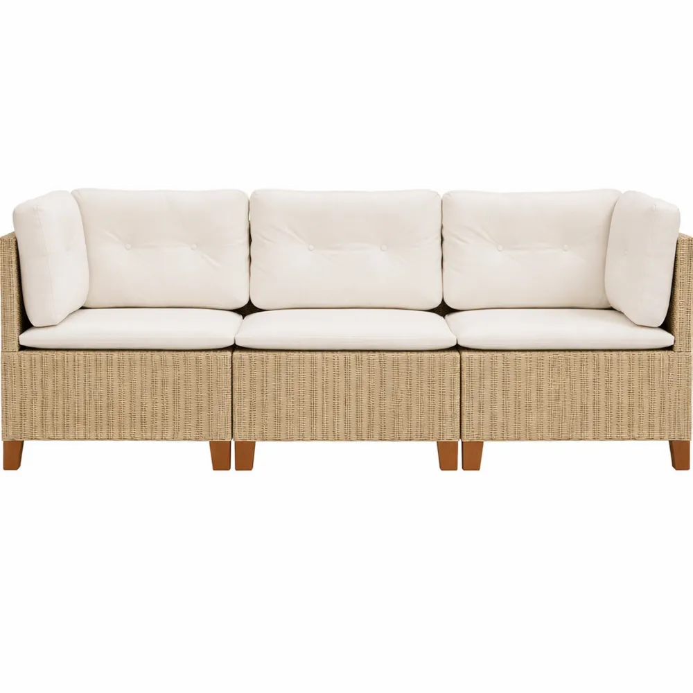 Divano da Giardino con Cuscini a Tre Posti in Polyrattan Beige