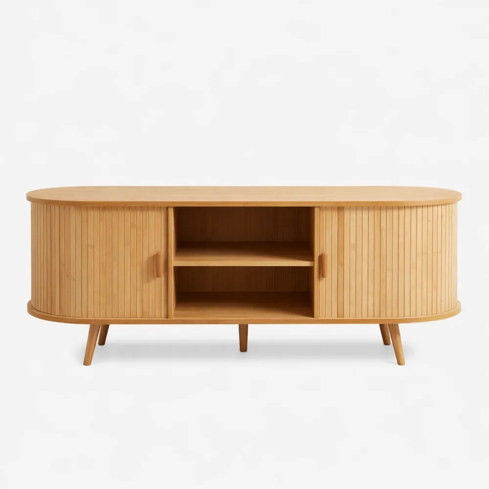 Credenza con Piano Ovale e Ante Scorrevoli in Bambù