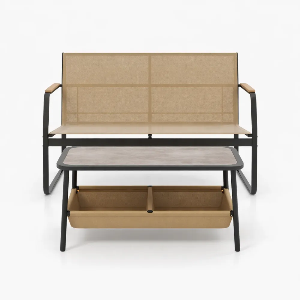 Set da Giardino con Tavolo e Panca, Tavolino da Caffè con Scomparti, Arredo Esterno in Metallo per Balcone e Veranda