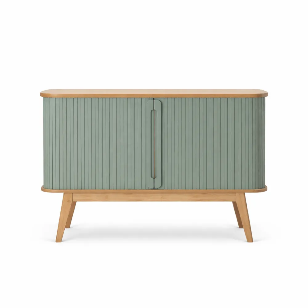 Armadietto Multiuso con Ante Scorrevoli e Vani Chiusi 110x40x80 cm - Naturale/Azzurro