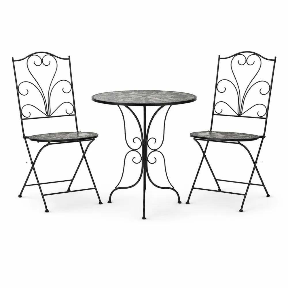 Set arredo esterno in ferro per due persone con tavolino e sedie