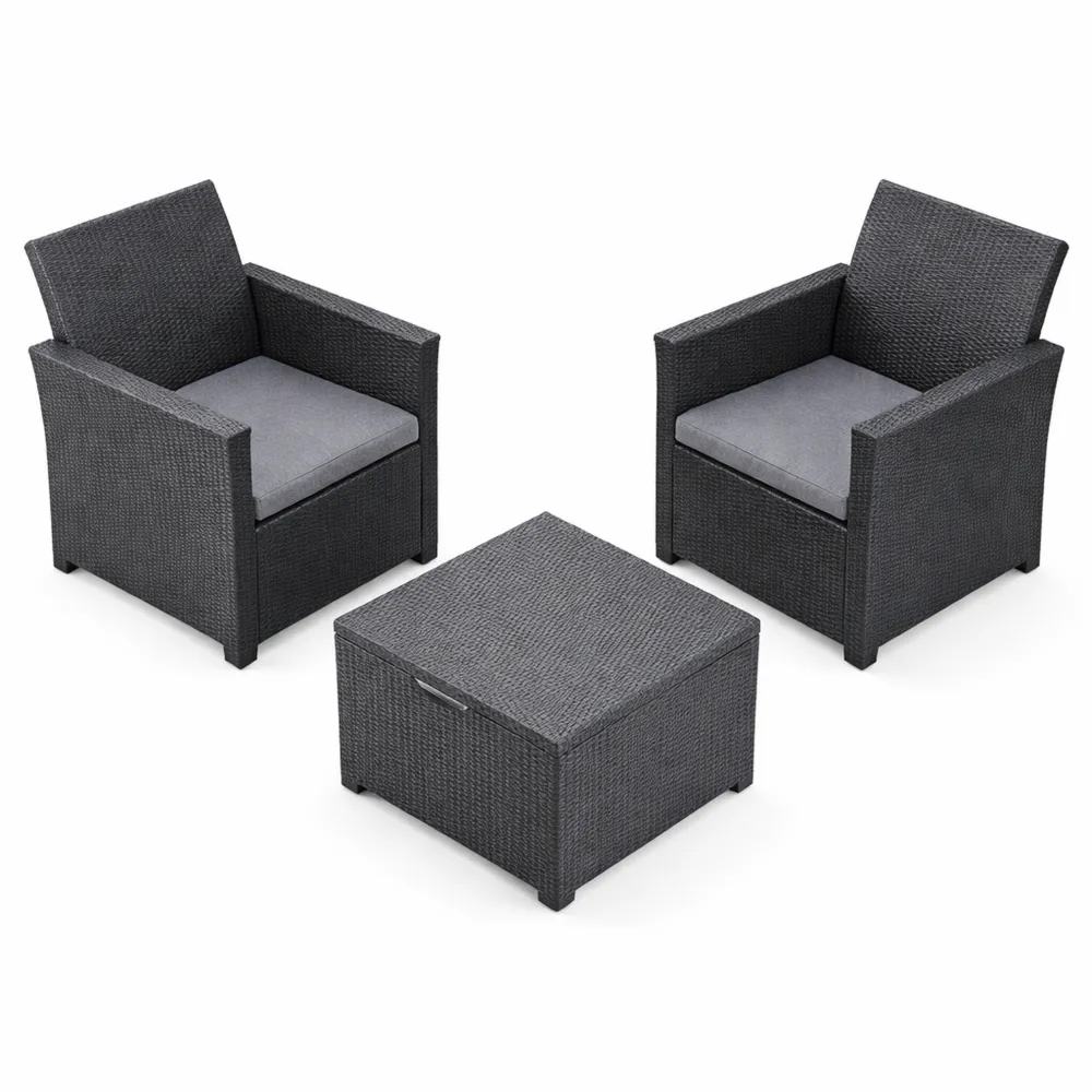 Set balcone con poltrone e tavolino contenitore da esterno, grafite