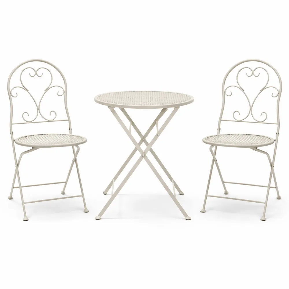 Set arredo esterno in ferro per due persone con tavolino rotondo e sedie pieghevoli