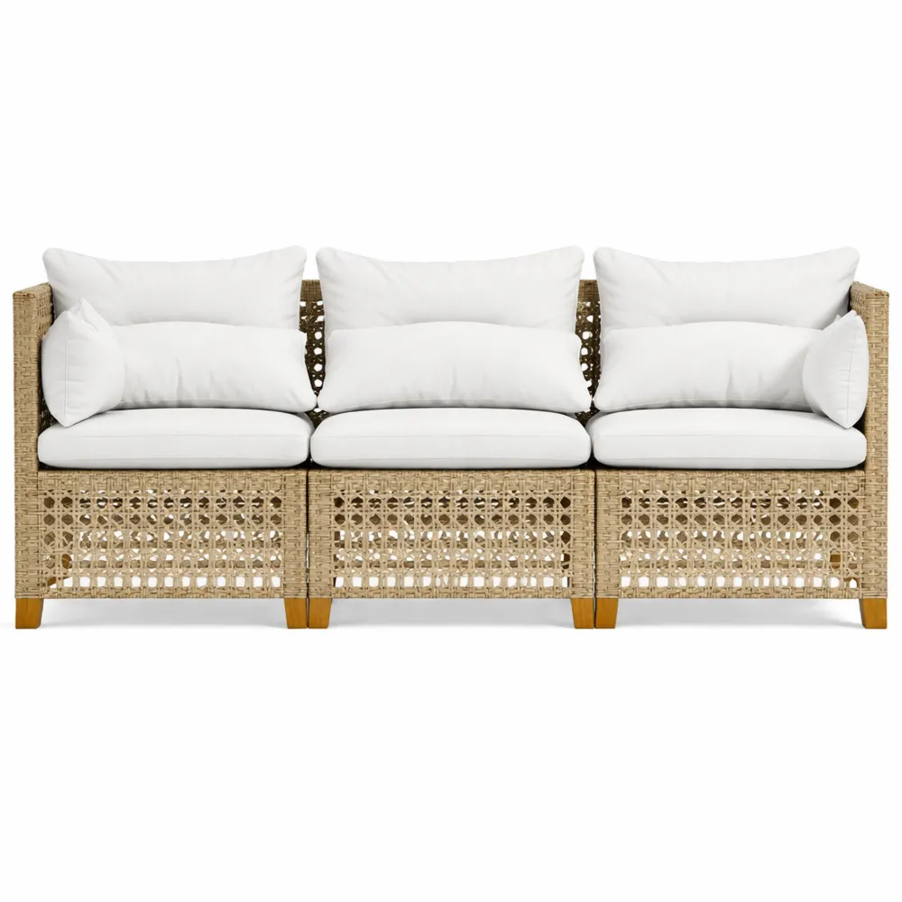 Divano da Giardino a 3 Posti con Cuscini Beige in Polyrattan