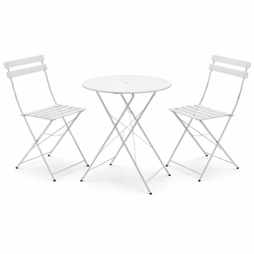 Set arredo esterno in acciaio per due persone con tavolino rotondo e sedie pieghevoli, colore bianco