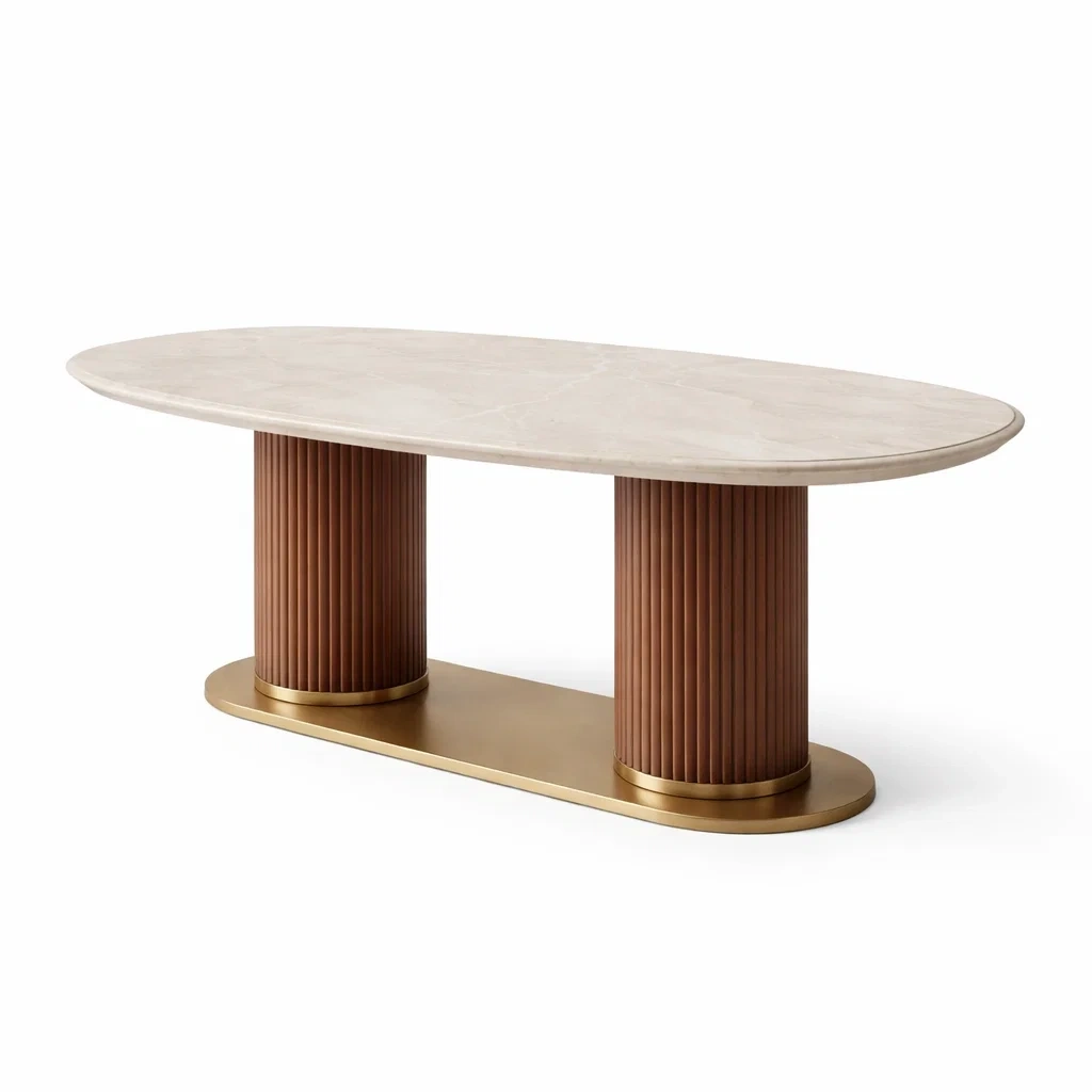 Table a manger ovale plateau pierre clair pied metal brun et or-EaseUnit