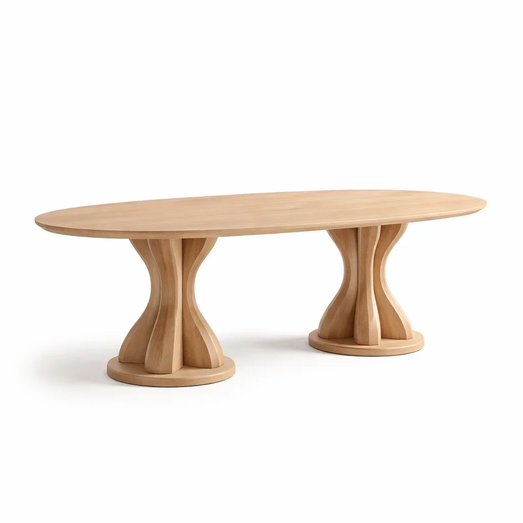 Table ovale en bois clair avec double pied sculpte-EaseUnit