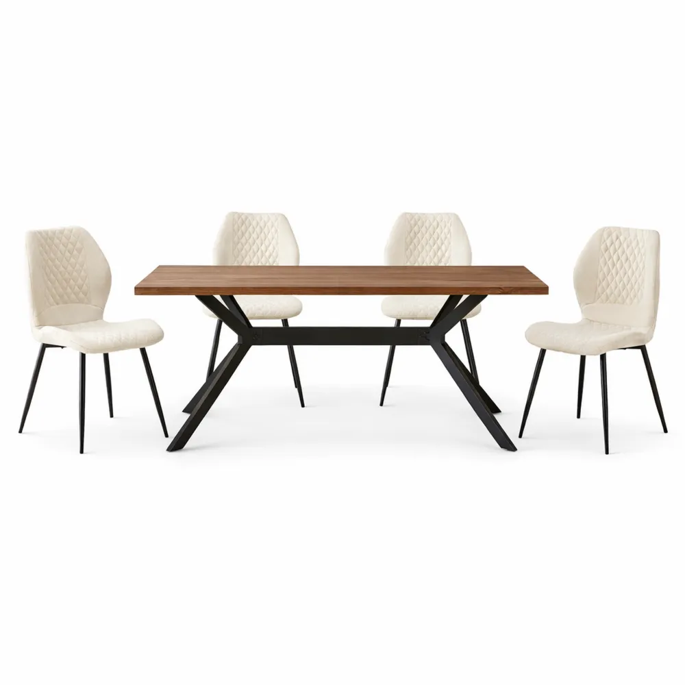 Tavolo da Pranzo Rettangolare in Legno con 4 Sedie Ergonomiche in Lino