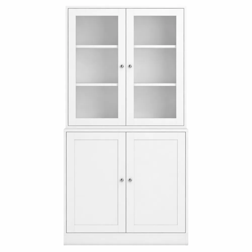 Libreria Verticale con Ante in Vetro e Banco Aperto, 2 Armadietti con Ripiani Regolabili, Adatta per Studio e Soggiorno, 76x40x178.5 cm, Bianco