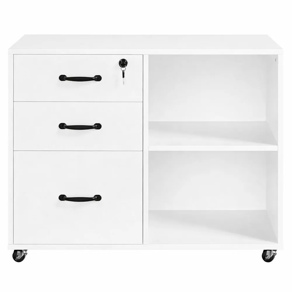 Armadietto Portadocumenti in Legno con 3 Cassetti e Ruote