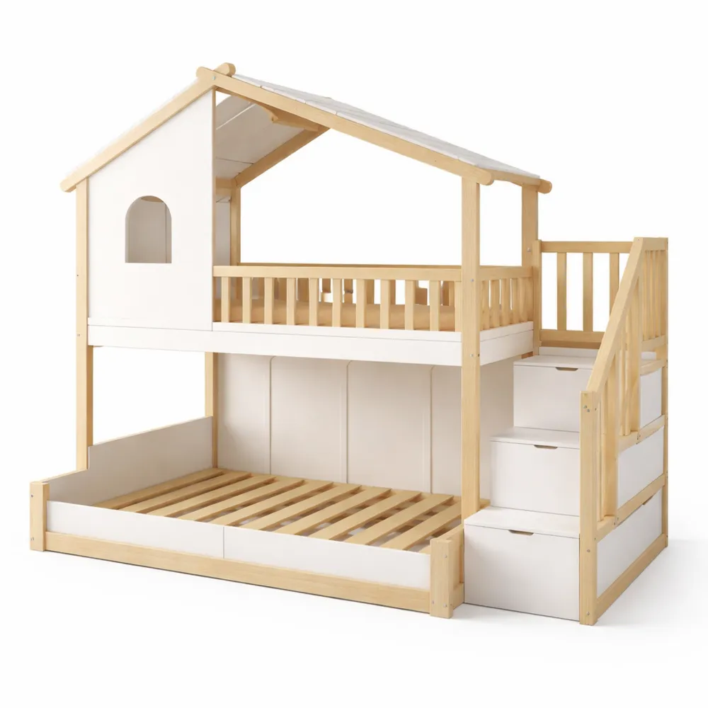 Letto a castello per bambini con scaletta e ringhiera in legno