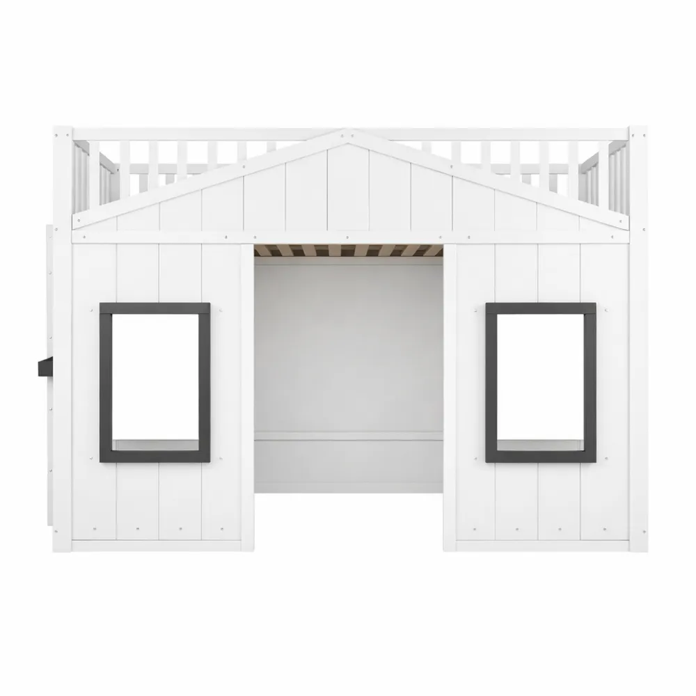 Letto a castello bianco con scala e protezione anticaduta, spazio extra sotto