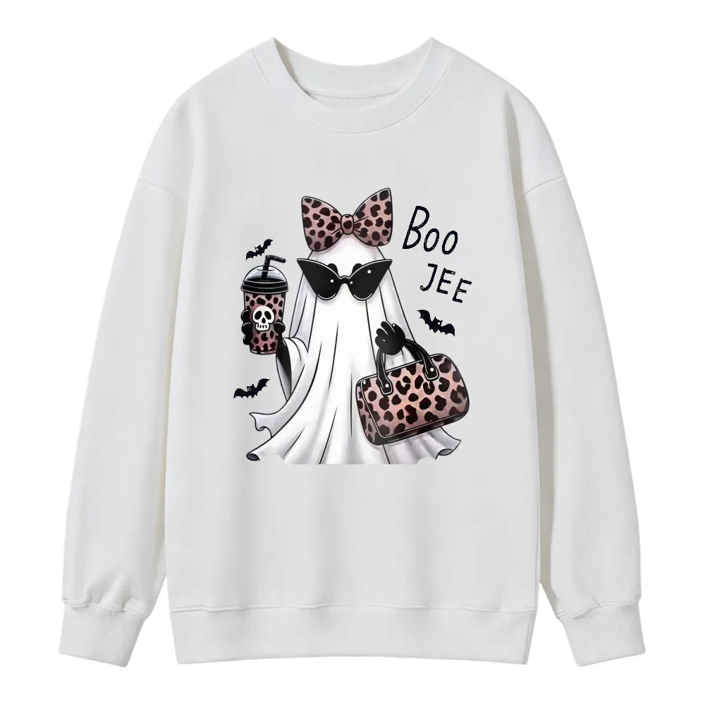 Cute Ghost With Leopard Bow Sunglasses And Coffee Cup Boo Jee Halloween Graphic Sweatshirt