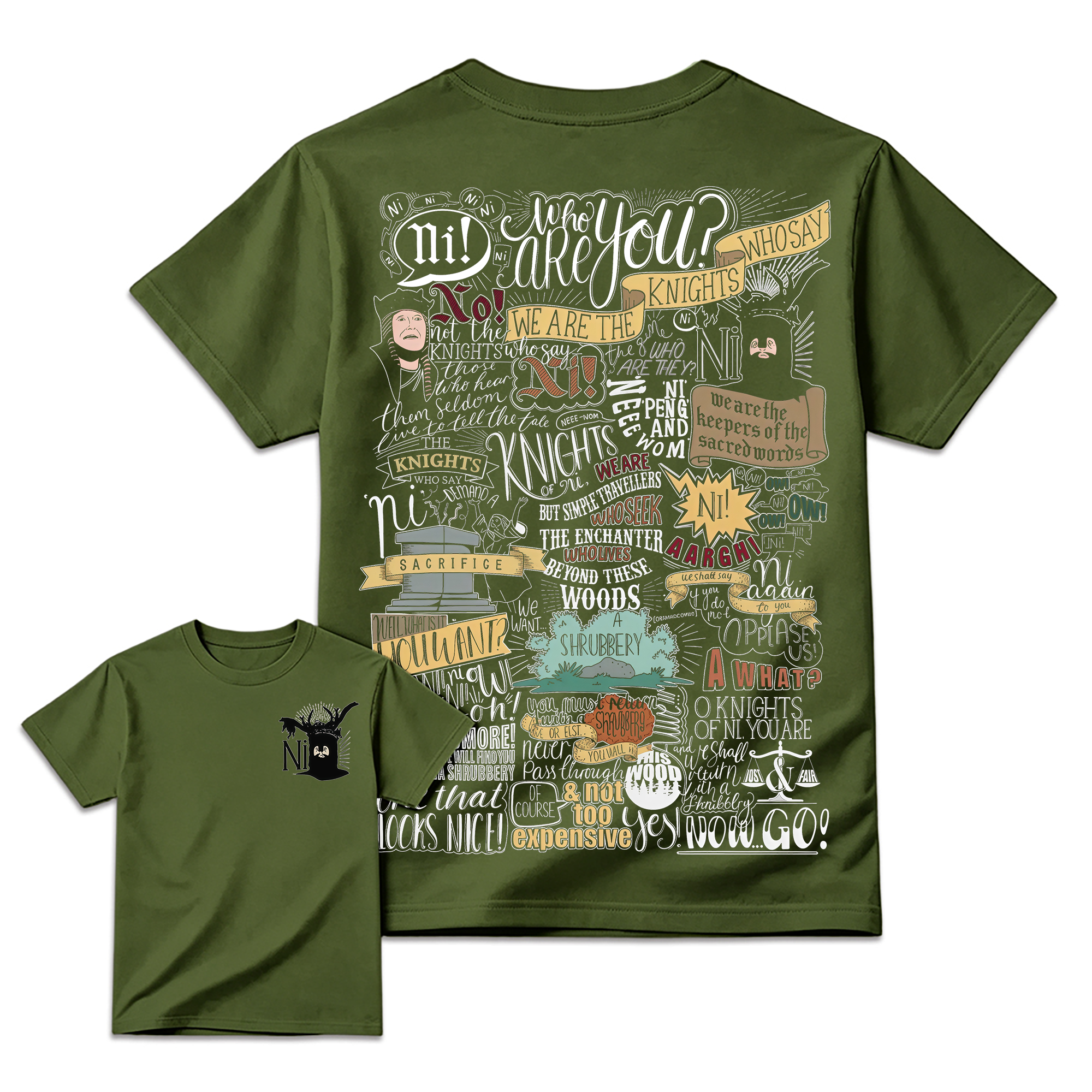Ni! & Shrubbery Knights Who Say Ni Shirt 2sides, Monty Python and the Holy Grail Meme Tee, Funny 1975 Weirdcore Y2K Aesthetic Gift Unisex Shirt