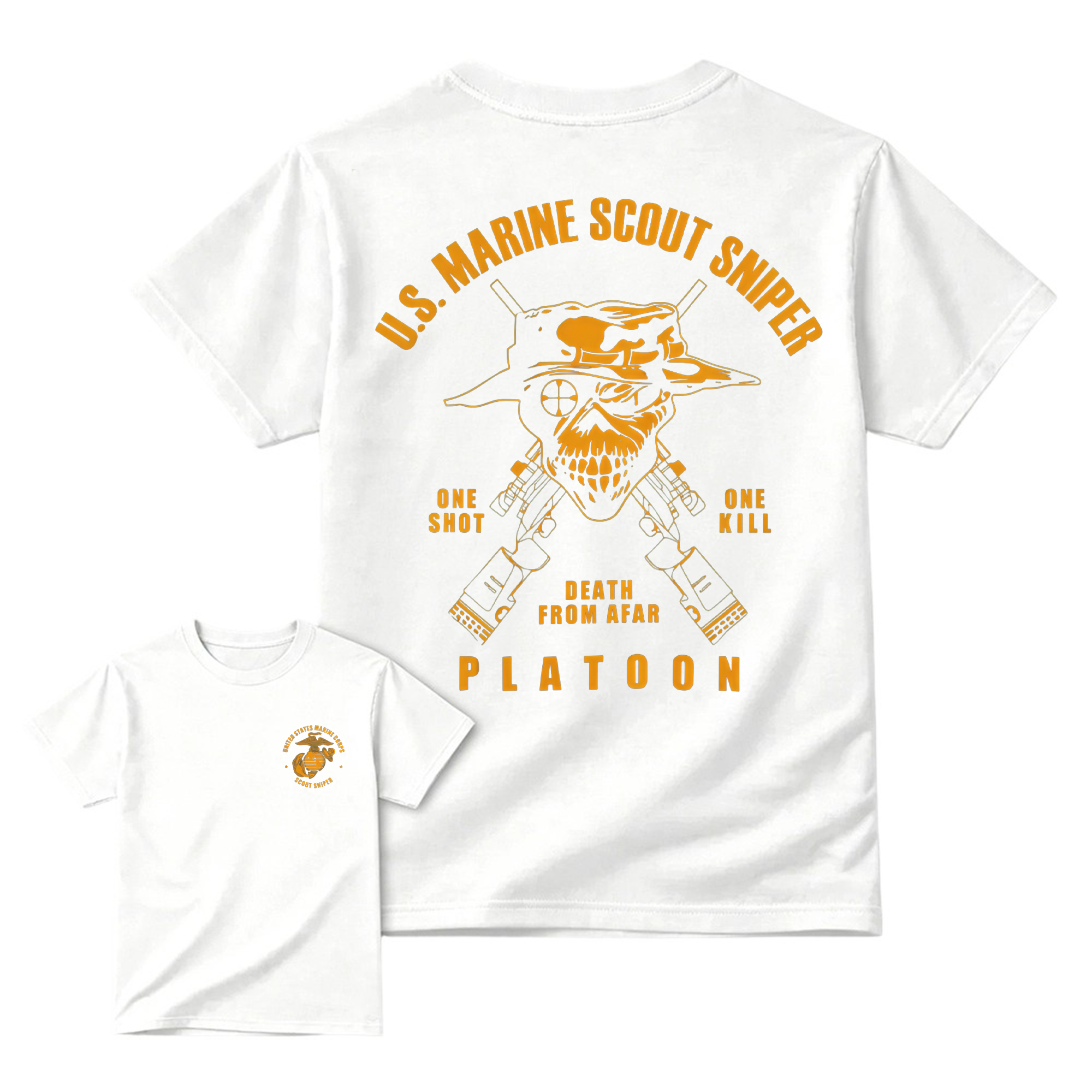 Men's U.S. Marine Scout Sniper T-Shirt,  Casual Menswear, 2-Sided Marine Legacy Art, Bold Skull and Rifle Art, Skull Print, Eagle Globe & Anchor Military Pride Apparel
