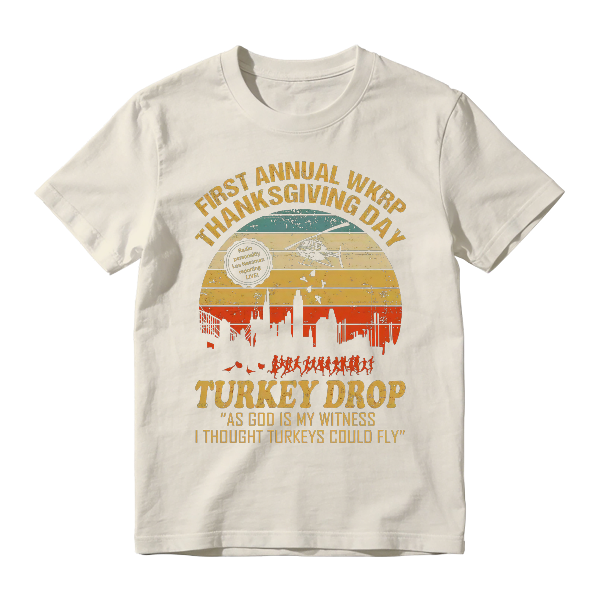 WKRP Thanksgiving Turkey Drop Graphic T-Shirt , As God Is My Witness I Thought Turkeys Could Fly Graphic Print, 70s TV Sitcom Retro Humor Top, Thanksgiving Fan Gift Streetwear