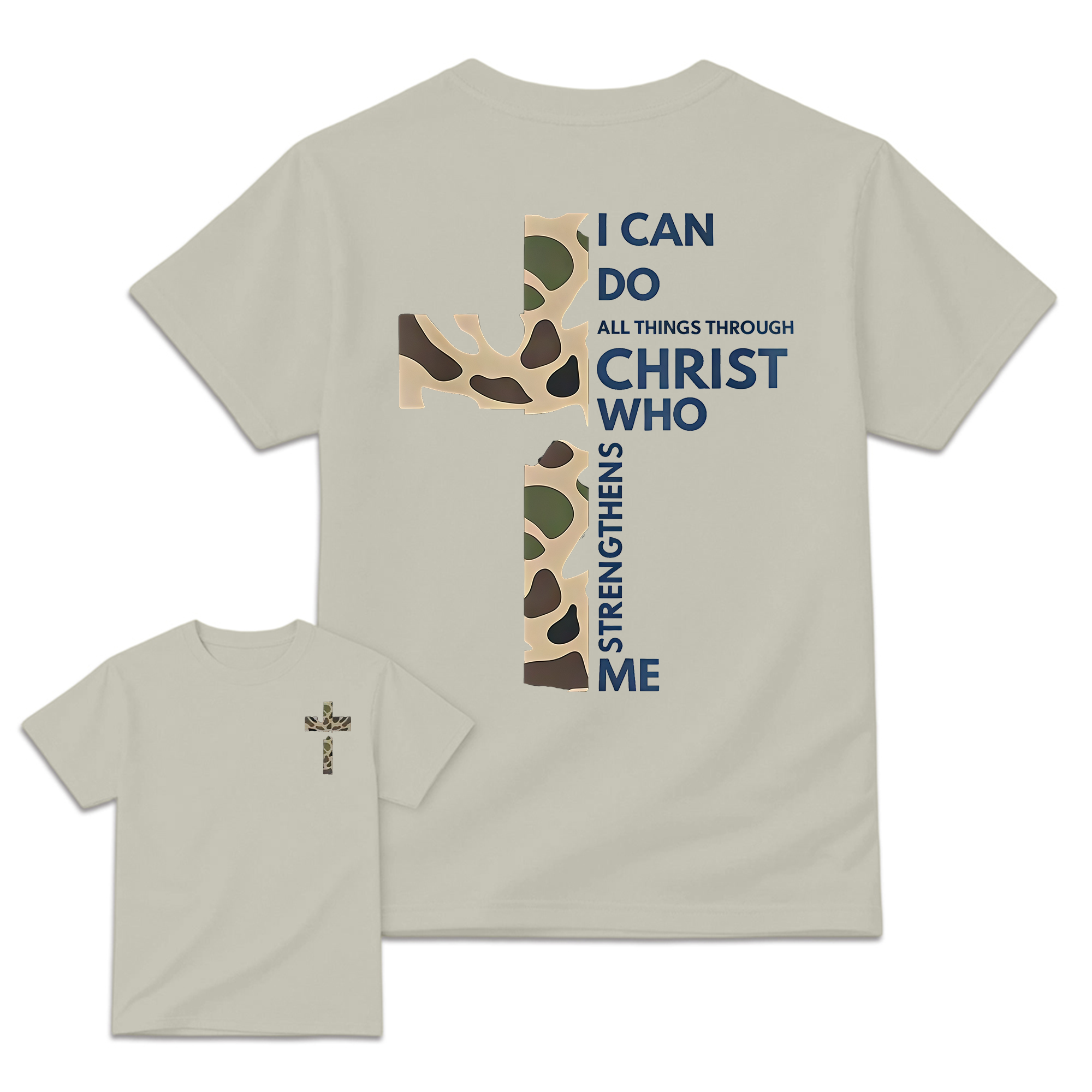 Christian Casual Round Neck Graphic T-Shirt - Camo Cross Print, Philippians 4:13, Relaxed Fit Soft Cotton, Fade-Resistant, Fashion Apparel, All Seasons Church Streetwear Top, Graphic T Shirts