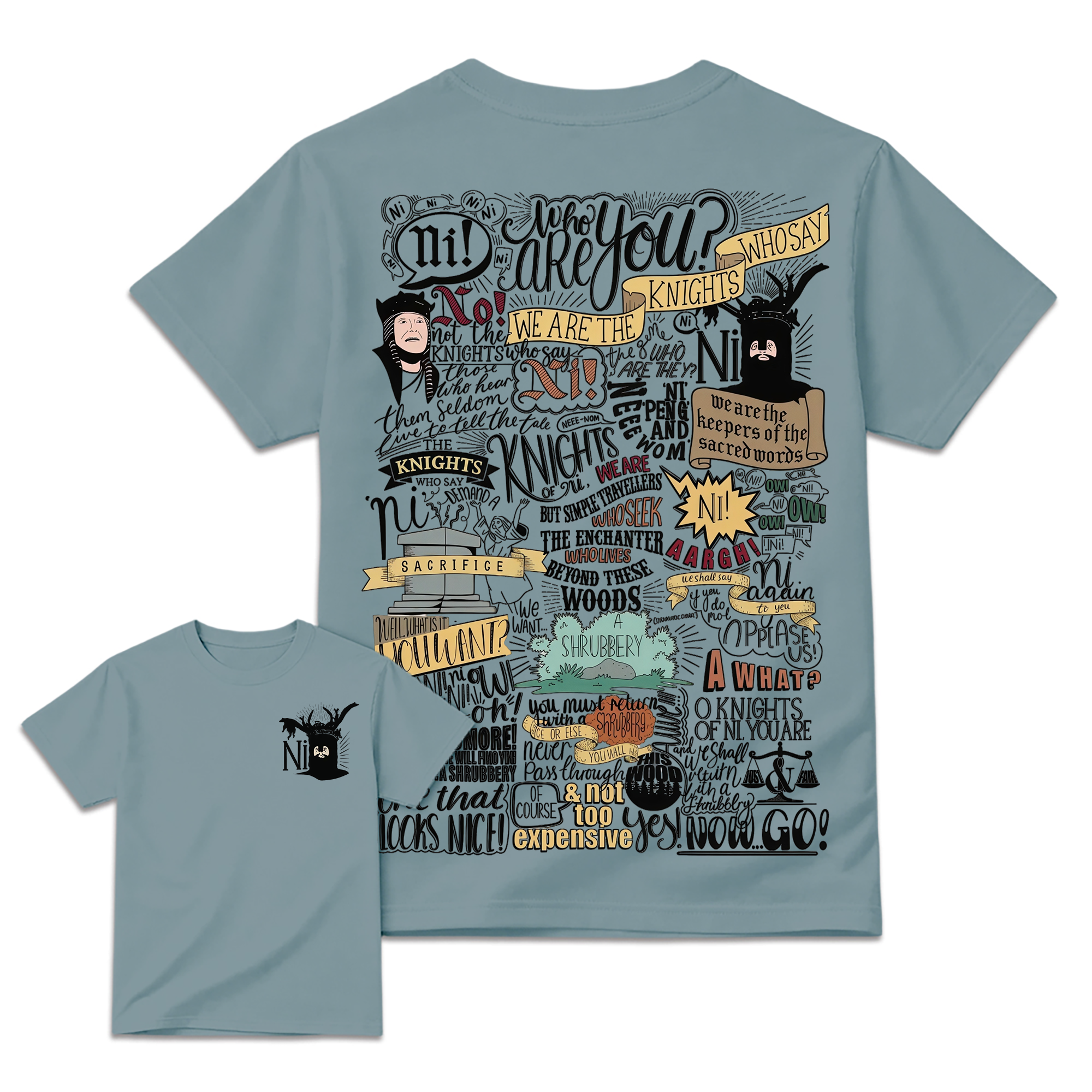 Ni! & Shrubbery Knights Who Say Ni Shirt 2sides, Monty Python and the Holy Grail Meme Tee, Funny 1975 Weirdcore Y2K Aesthetic Gift Unisex Shirt