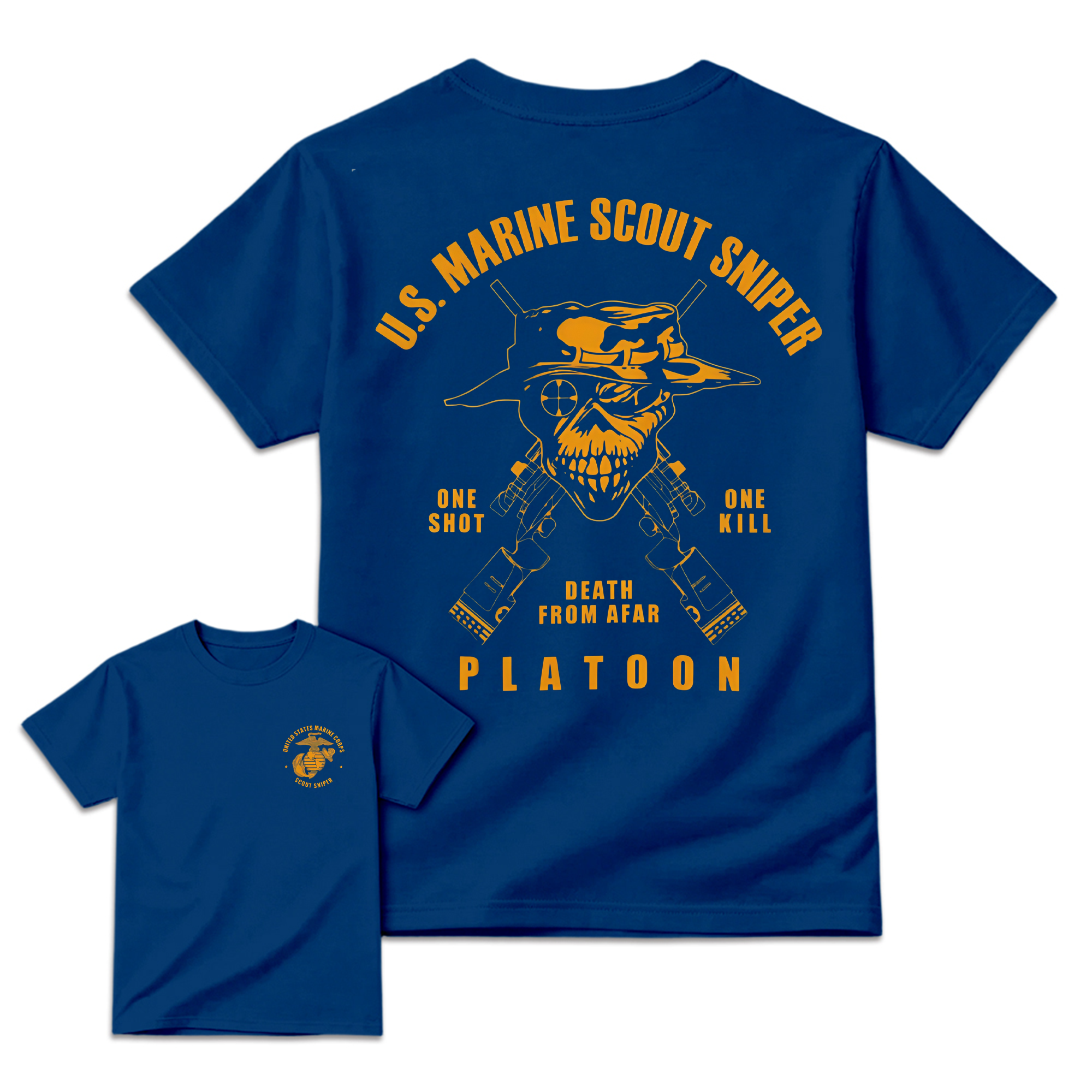 Men's U.S. Marine Scout Sniper T-Shirt,  Casual Menswear, 2-Sided Marine Legacy Art, Bold Skull and Rifle Art, Skull Print, Eagle Globe & Anchor Military Pride Apparel