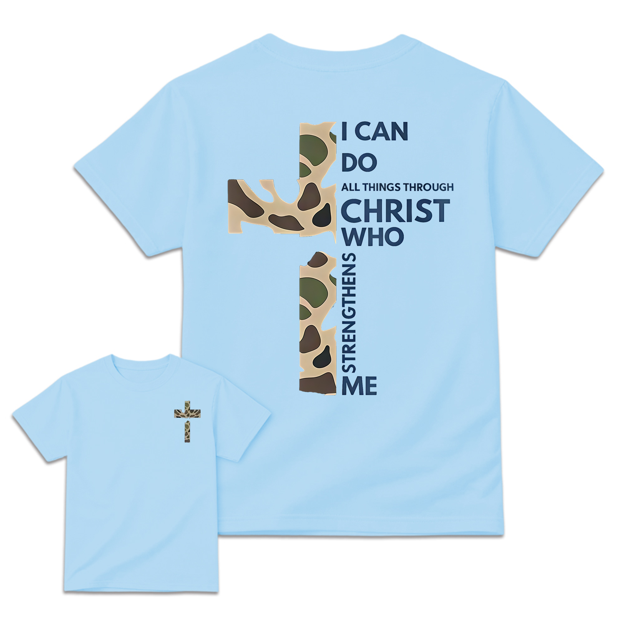Christian Casual Round Neck Graphic T-Shirt - Camo Cross Print, Philippians 4:13, Relaxed Fit Soft Cotton, Fade-Resistant, Fashion Apparel, All Seasons Church Streetwear Top, Graphic T Shirts