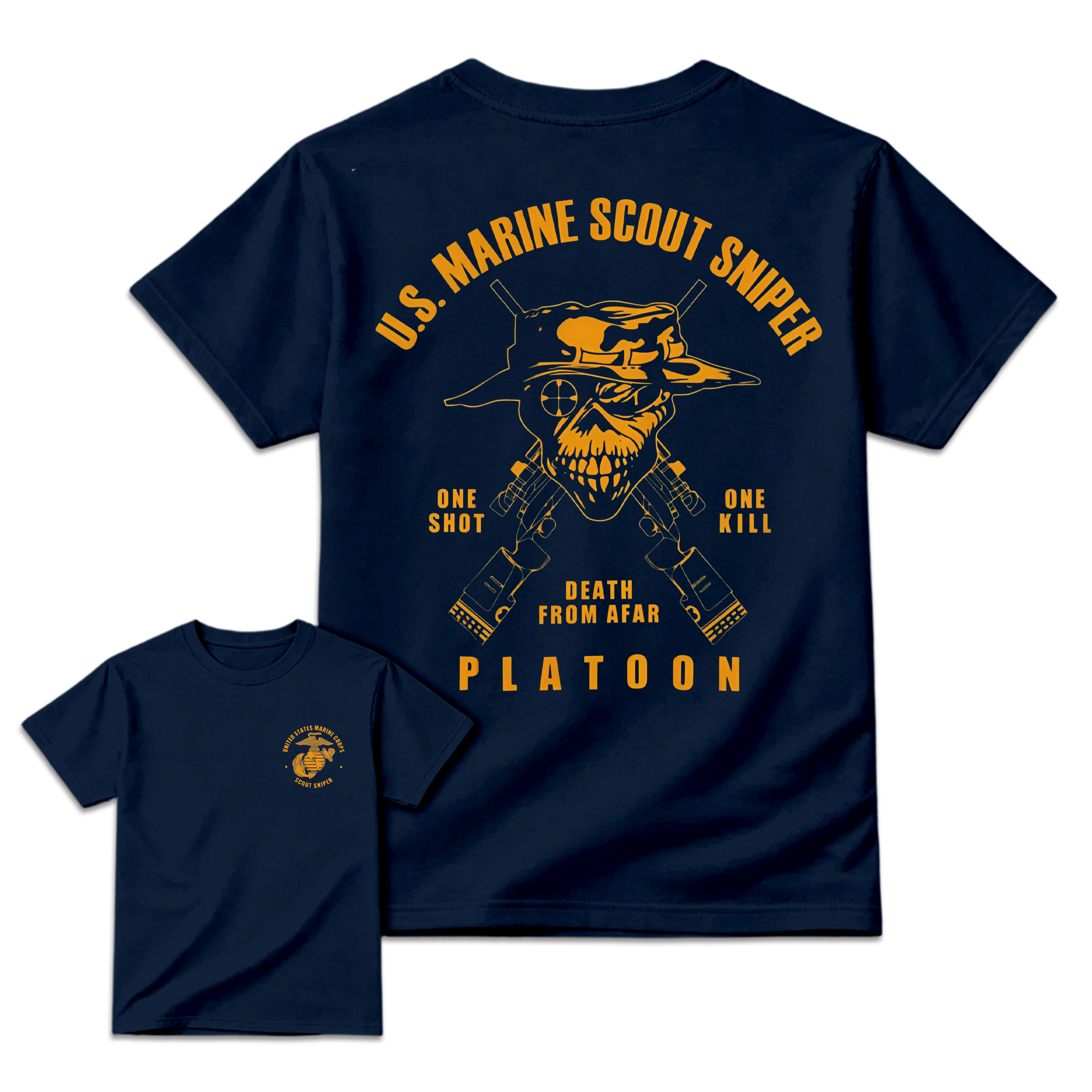 Men's U.S. Marine Scout Sniper T-Shirt,  Casual Menswear, 2-Sided Marine Legacy Art, Bold Skull and Rifle Art, Skull Print, Eagle Globe & Anchor Military Pride Apparel