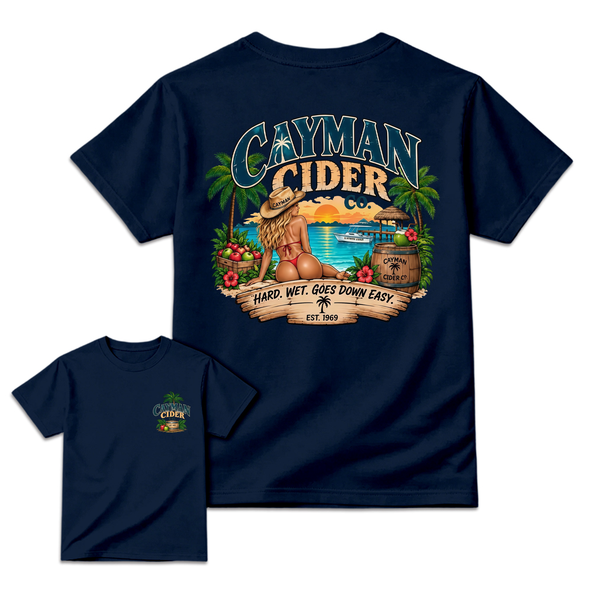 Cayman Cider Co. Unisex Cotton T-Shirt Hard Wet Goes Down Easy 