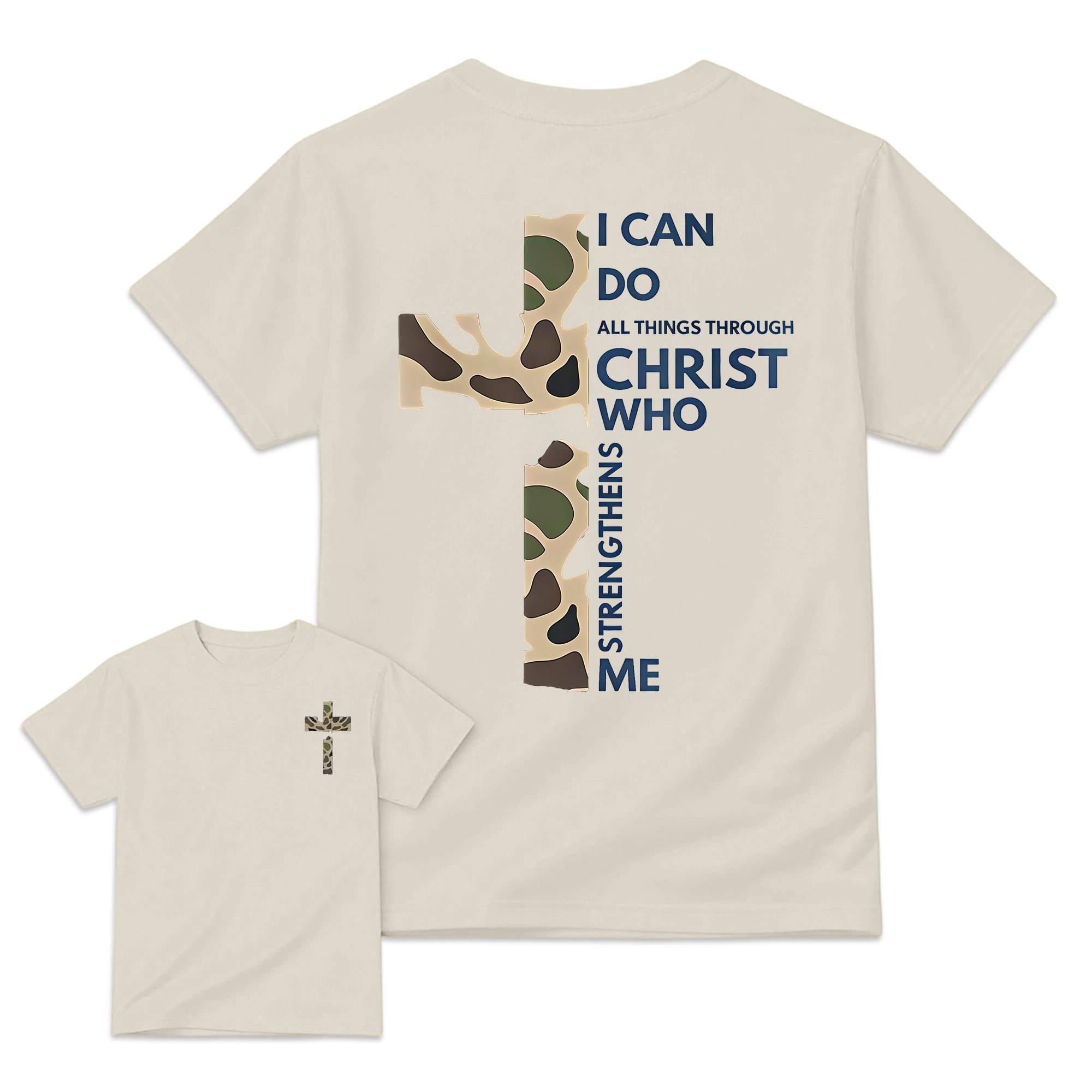 Christian Casual Round Neck Graphic T-Shirt - Camo Cross Print, Philippians 4:13, Relaxed Fit Soft Cotton, Fade-Resistant, Fashion Apparel, All Seasons Church Streetwear Top, Graphic T Shirts