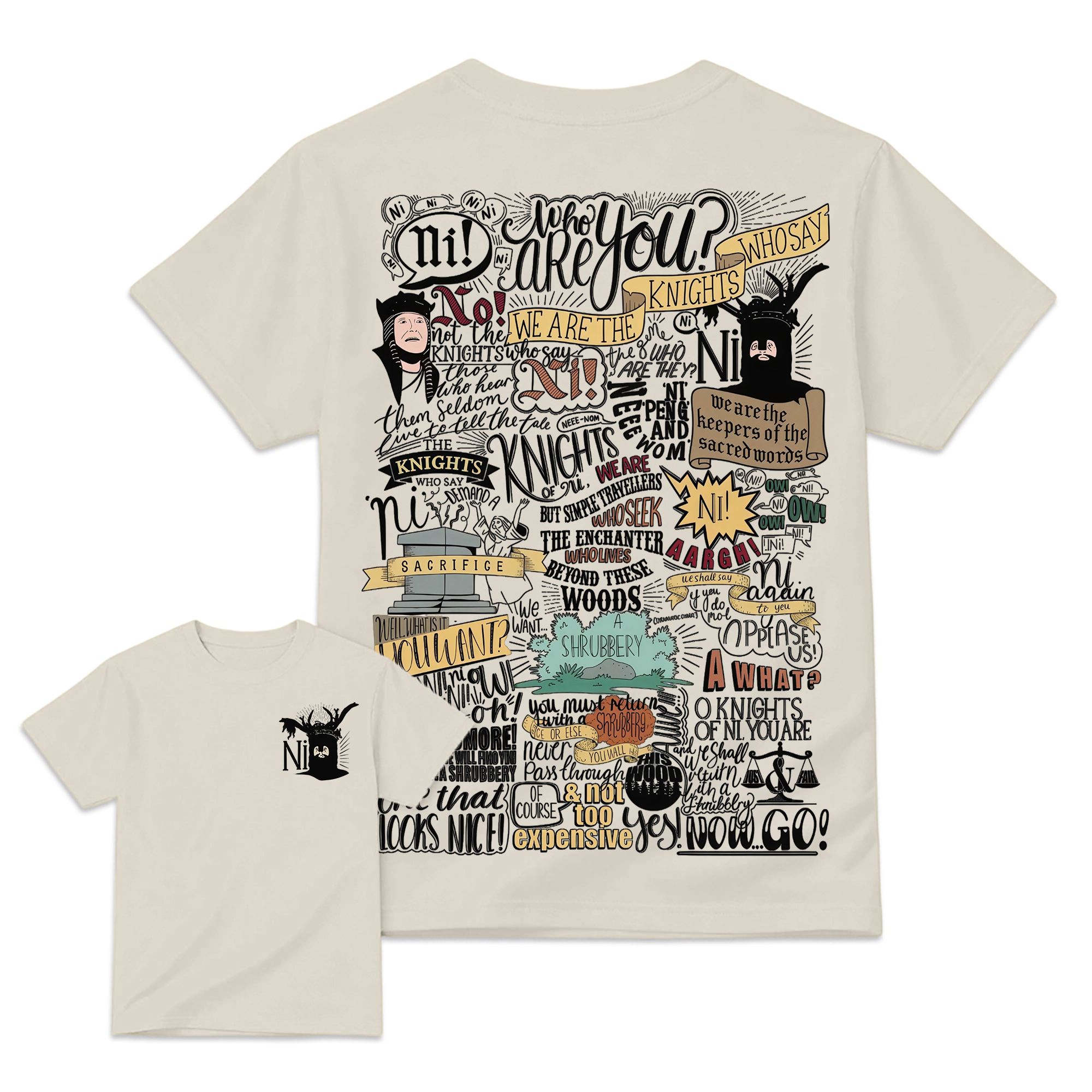 Ni! & Shrubbery Knights Who Say Ni Shirt 2sides, Monty Python and the Holy Grail Meme Tee, Funny 1975 Weirdcore Y2K Aesthetic Gift Unisex Shirt
