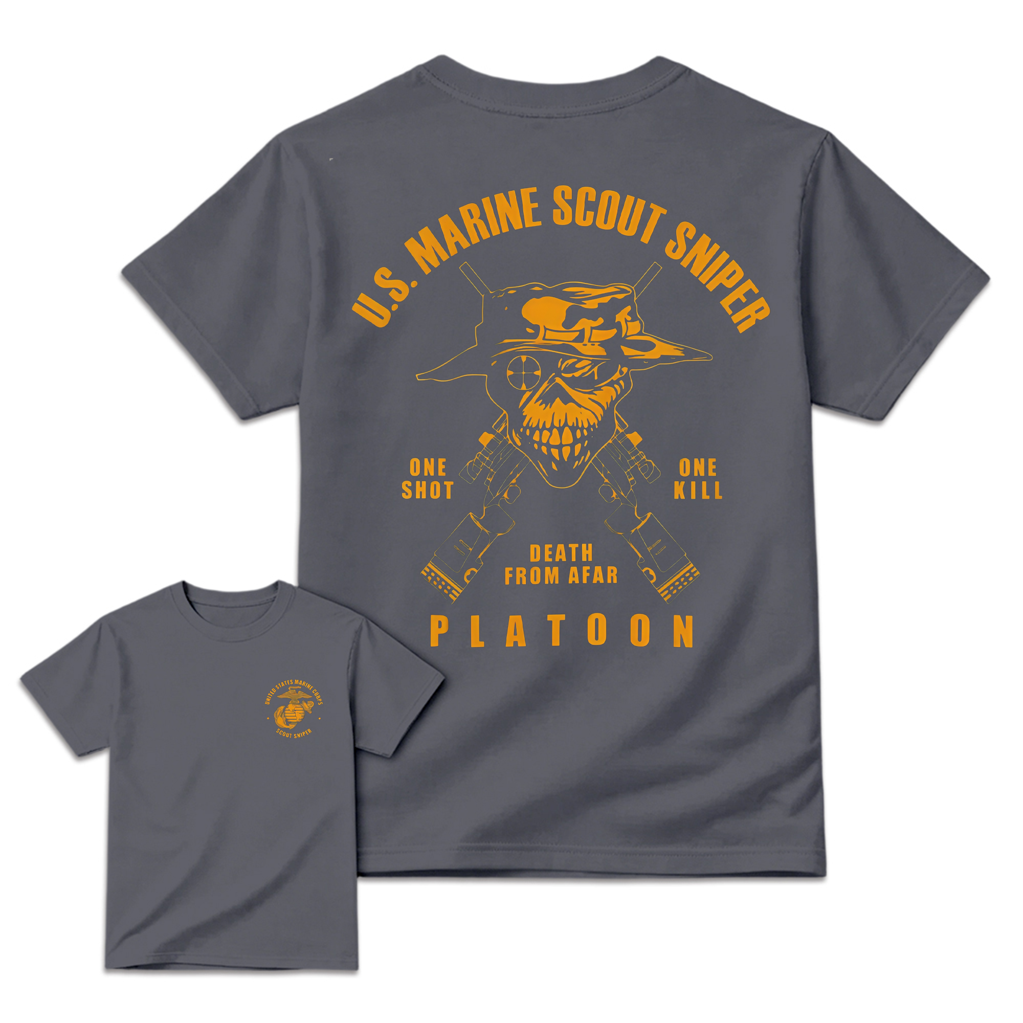 Men's U.S. Marine Scout Sniper T-Shirt,  Casual Menswear, 2-Sided Marine Legacy Art, Bold Skull and Rifle Art, Skull Print, Eagle Globe & Anchor Military Pride Apparel