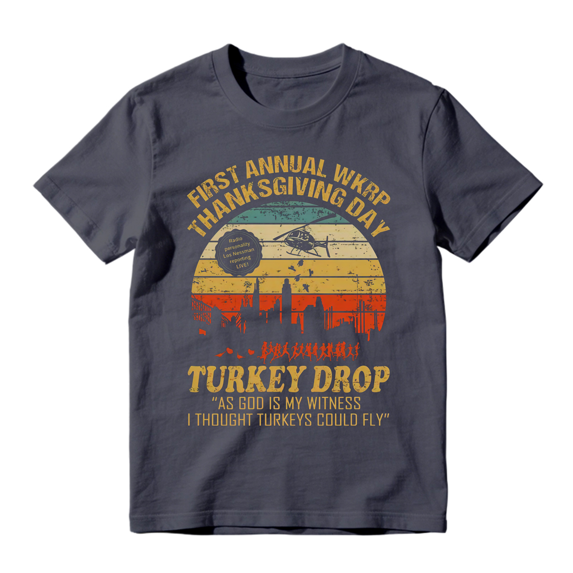 WKRP Thanksgiving Turkey Drop Graphic T-Shirt , As God Is My Witness I Thought Turkeys Could Fly Graphic Print, 70s TV Sitcom Retro Humor Top, Thanksgiving Fan Gift Streetwear