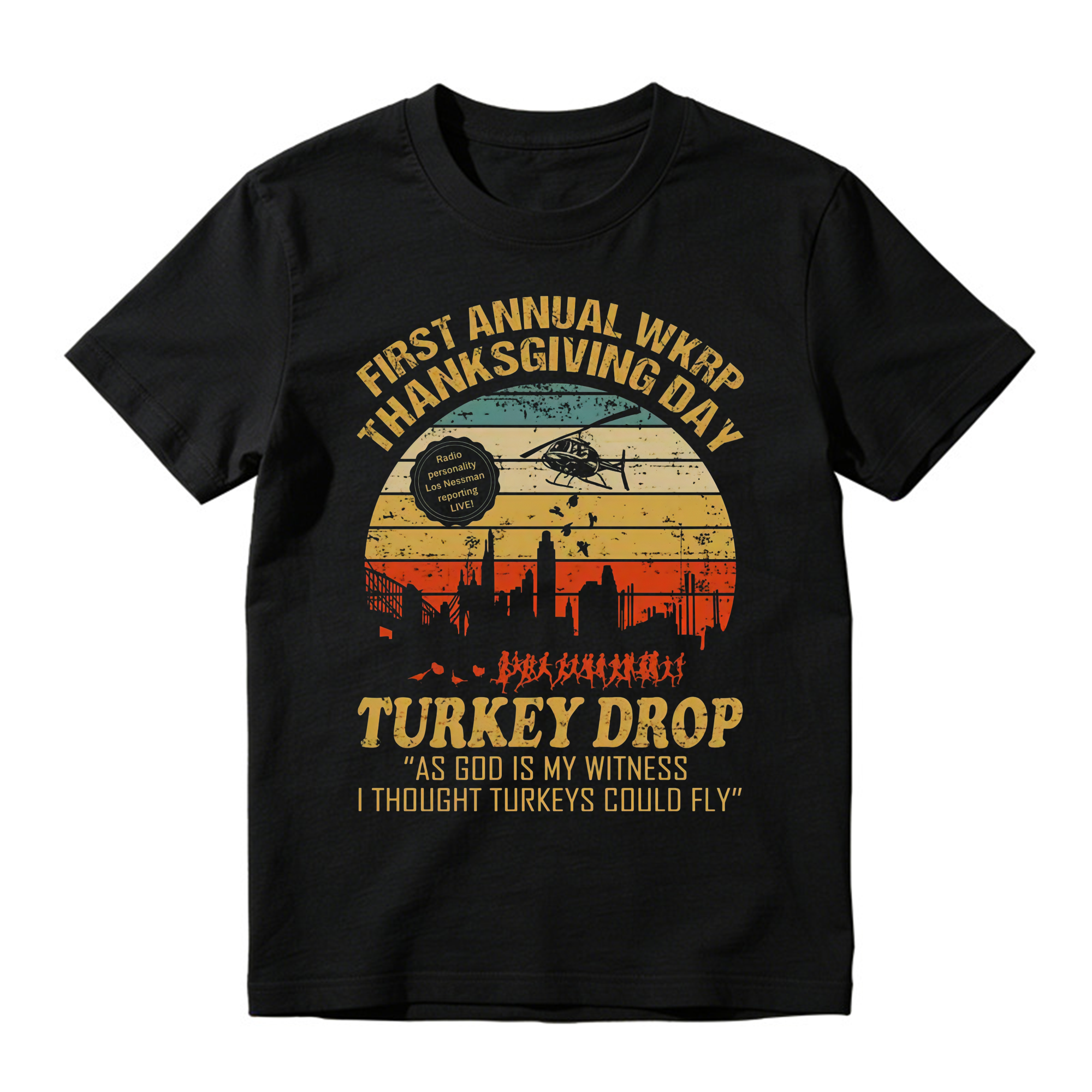 WKRP Thanksgiving Turkey Drop Graphic T-Shirt , As God Is My Witness I Thought Turkeys Could Fly Graphic Print, 70s TV Sitcom Retro Humor Top, Thanksgiving Fan Gift Streetwear