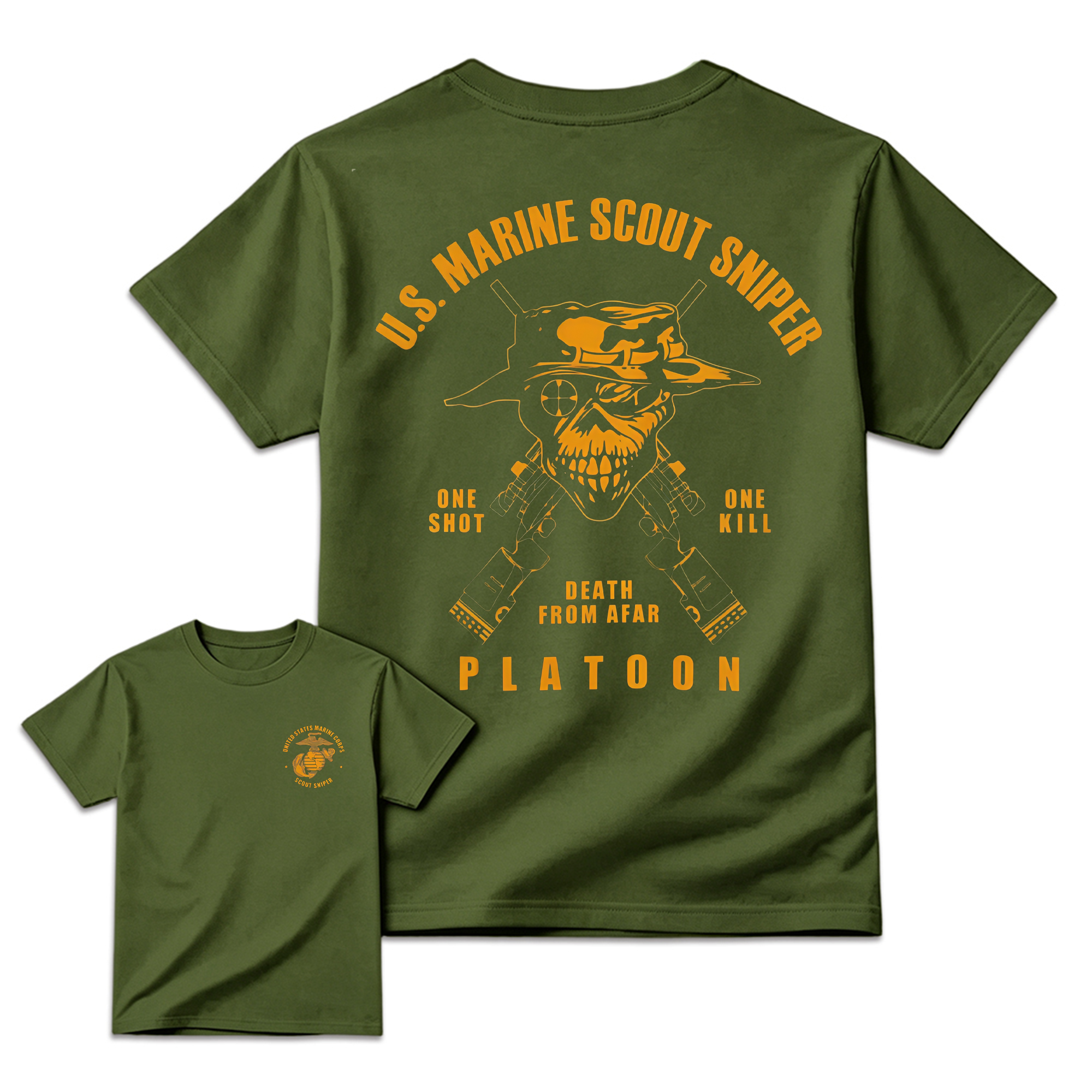 Men's U.S. Marine Scout Sniper T-Shirt,  Casual Menswear, 2-Sided Marine Legacy Art, Bold Skull and Rifle Art, Skull Print, Eagle Globe & Anchor Military Pride Apparel