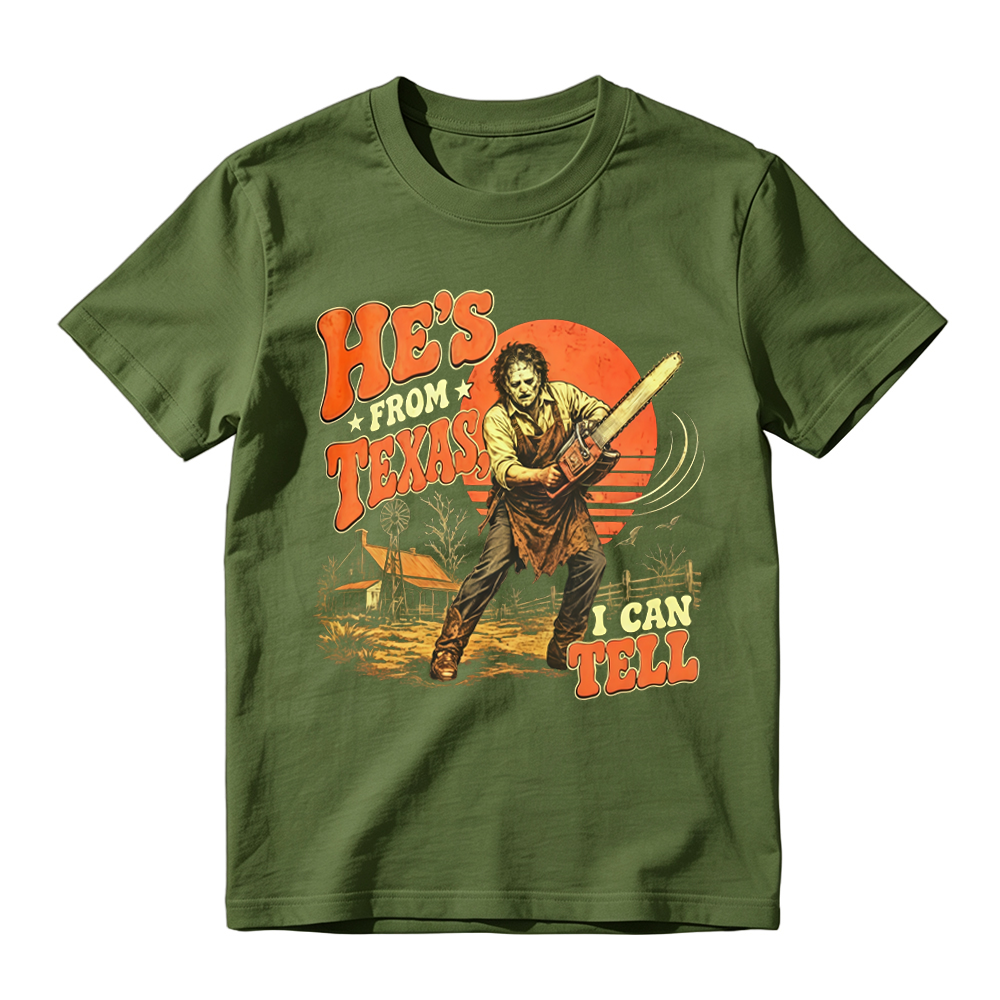 He's From Texas I Can Tell Shirt, Chainsaw Horror Graphic Tee, Retro Texas Slasher Halloween T-Shirt, Spooky Season Horror Apparel, Scary Movie Fan Gift