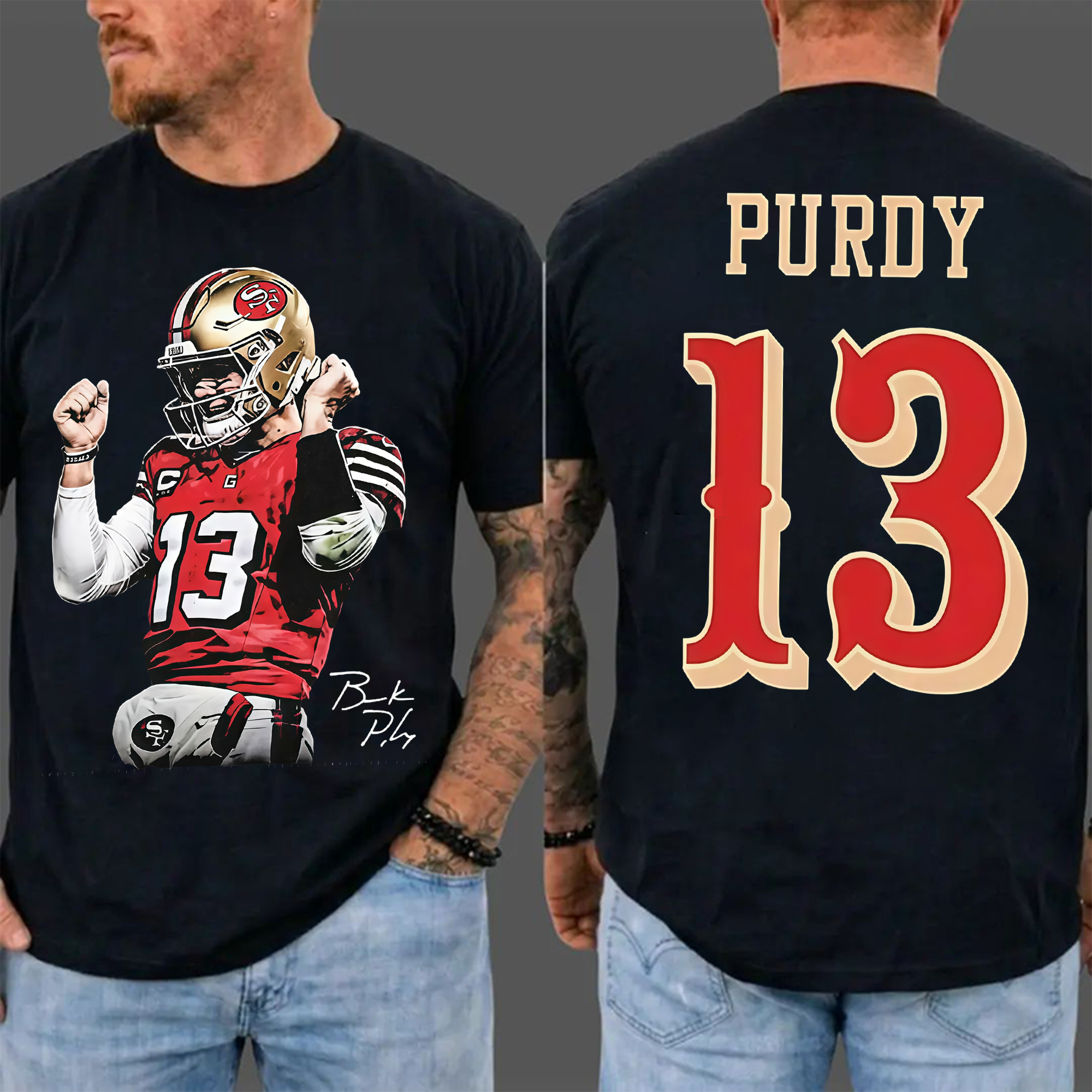Men's Brock Purdy #13  Cotton T-Shirt Bay Area Football Fan Graphic Tee Vintage Heavyweight Short Sleeve Casual Game Day Streetwear