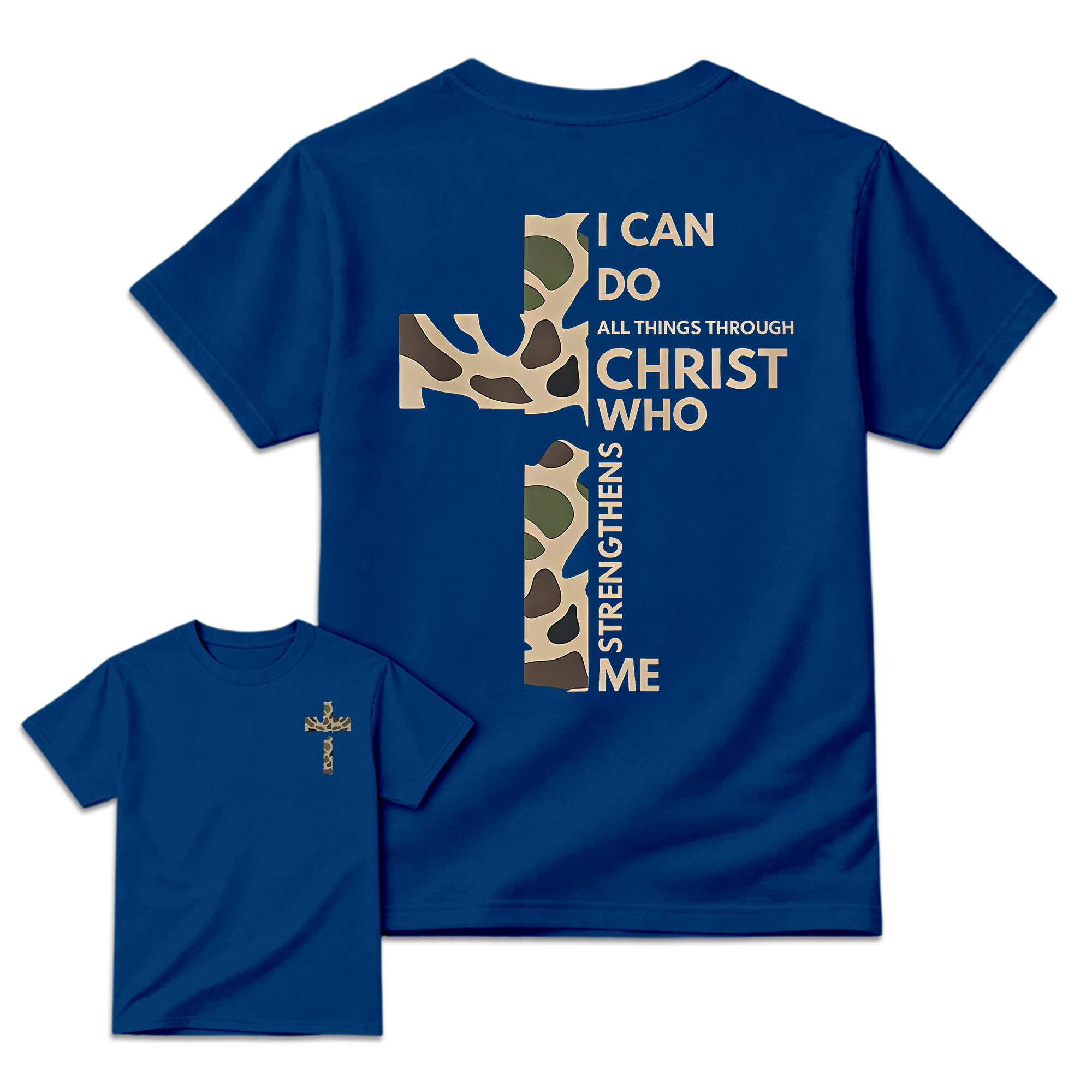 Christian Casual Round Neck Graphic T-Shirt - Camo Cross Print, Philippians 4:13, Relaxed Fit Soft Cotton, Fade-Resistant, Fashion Apparel, All Seasons Church Streetwear Top, Graphic T Shirts