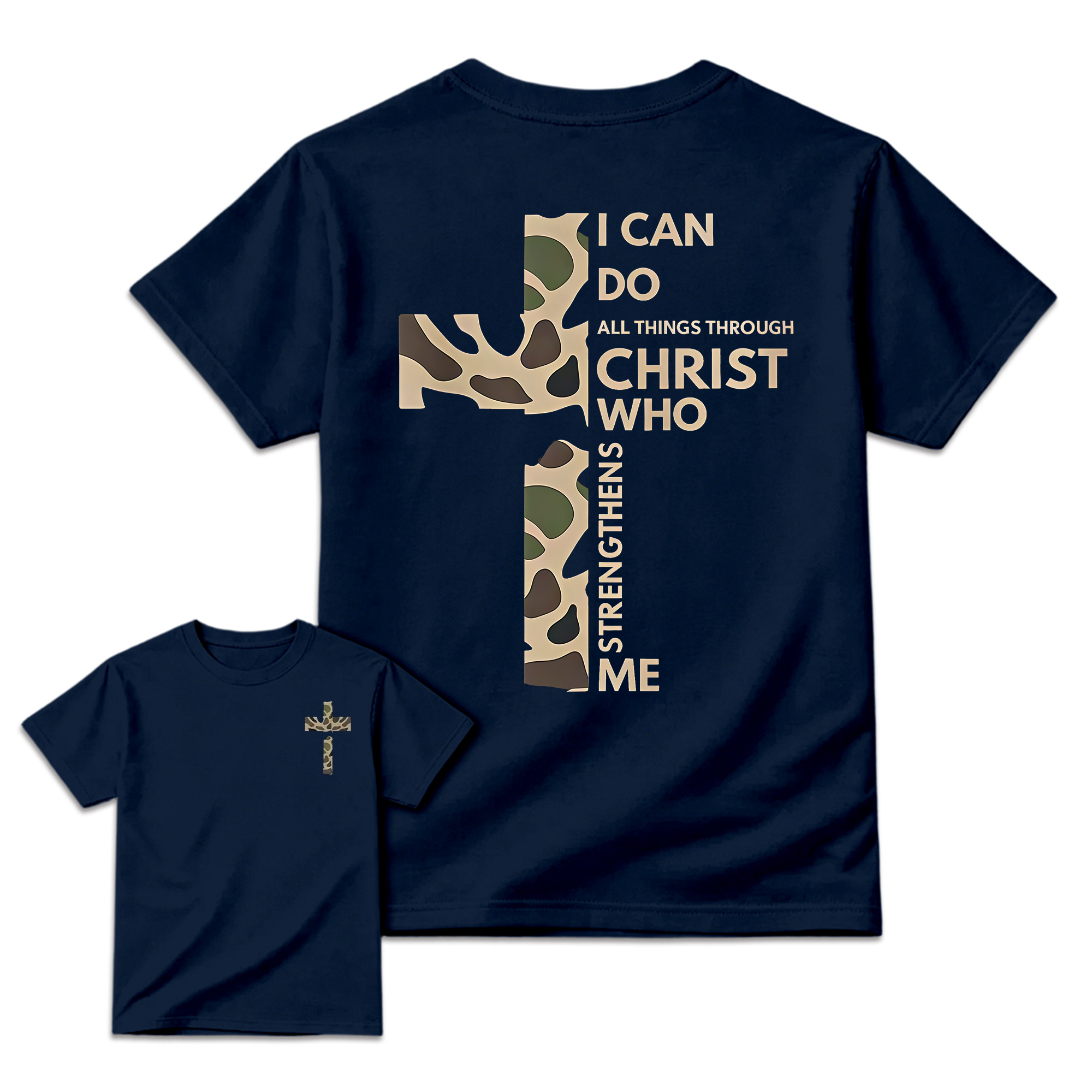 Christian Casual Round Neck Graphic T-Shirt - Camo Cross Print, Philippians 4:13, Relaxed Fit Soft Cotton, Fade-Resistant, Fashion Apparel, All Seasons Church Streetwear Top, Graphic T Shirts