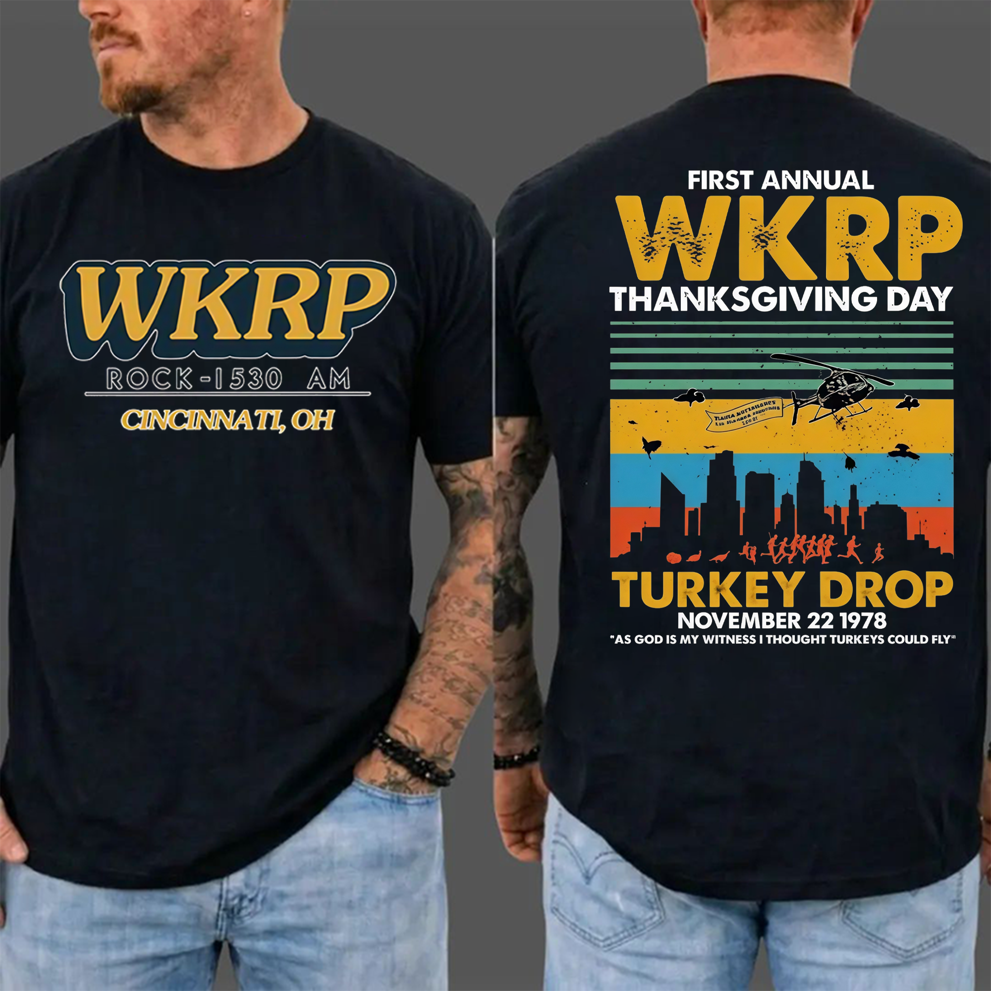 First Annual Wkrp Thanksgiving Day Two Sides Tshirt Sweatshirt Hoodie, As God Is My Witness Shirt, Turkeys Could Fly, Unisex Sweater Pullover Tee