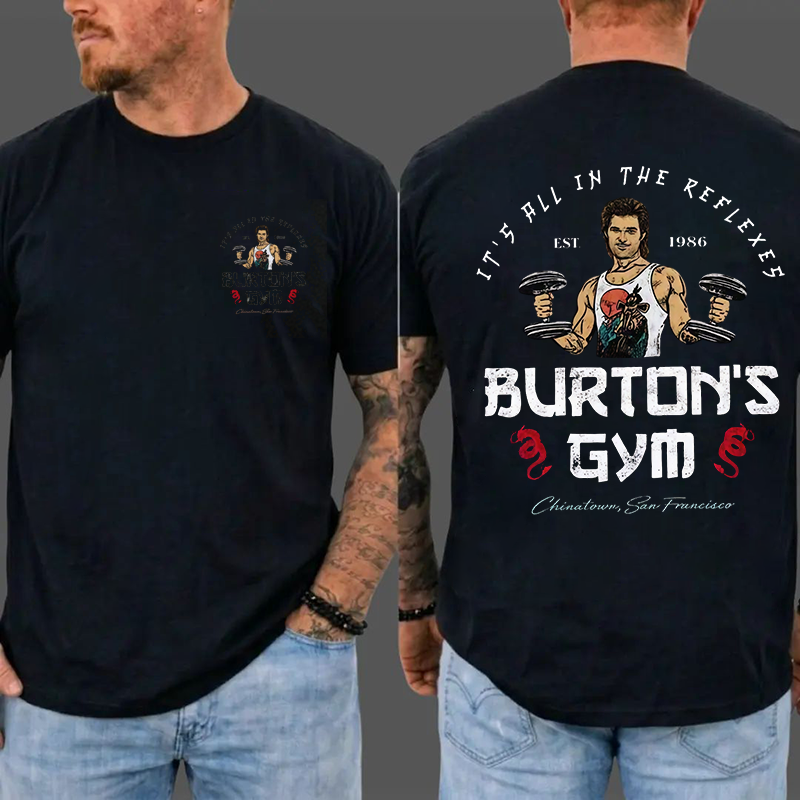 J4ck Burt0n T-Shirt, Burt0n's Gym "It's All In The Reflexes" Graphic Tee, Vintage 80s Action Movie Tribute