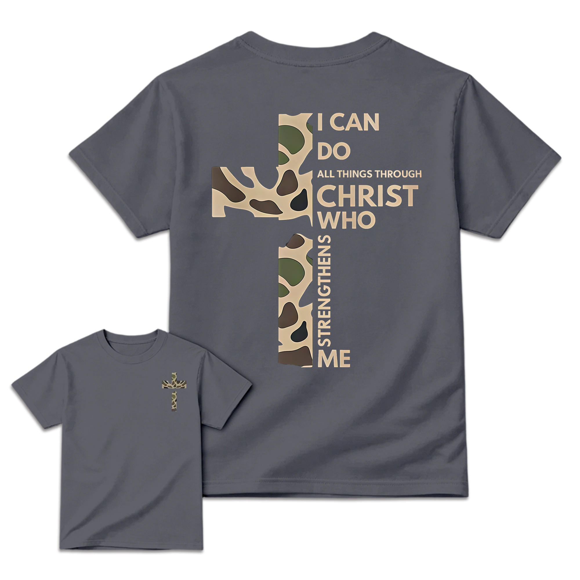 Christian Casual Round Neck Graphic T-Shirt - Camo Cross Print, Philippians 4:13, Relaxed Fit Soft Cotton, Fade-Resistant, Fashion Apparel, All Seasons Church Streetwear Top, Graphic T Shirts