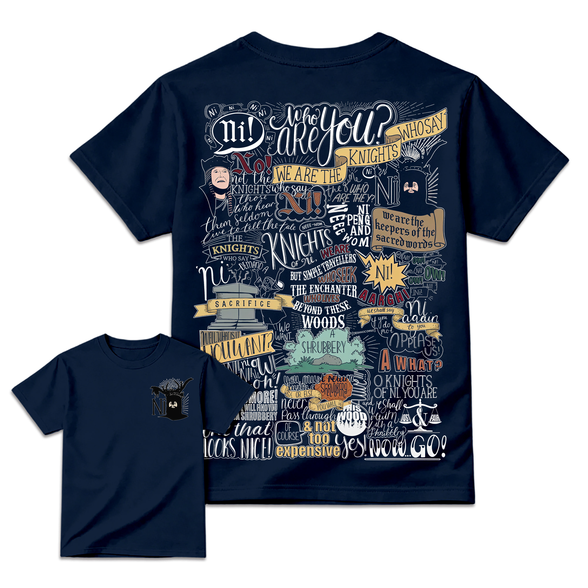 Ni! & Shrubbery Knights Who Say Ni Shirt 2sides, Monty Python and the Holy Grail Meme Tee, Funny 1975 Weirdcore Y2K Aesthetic Gift Unisex Shirt