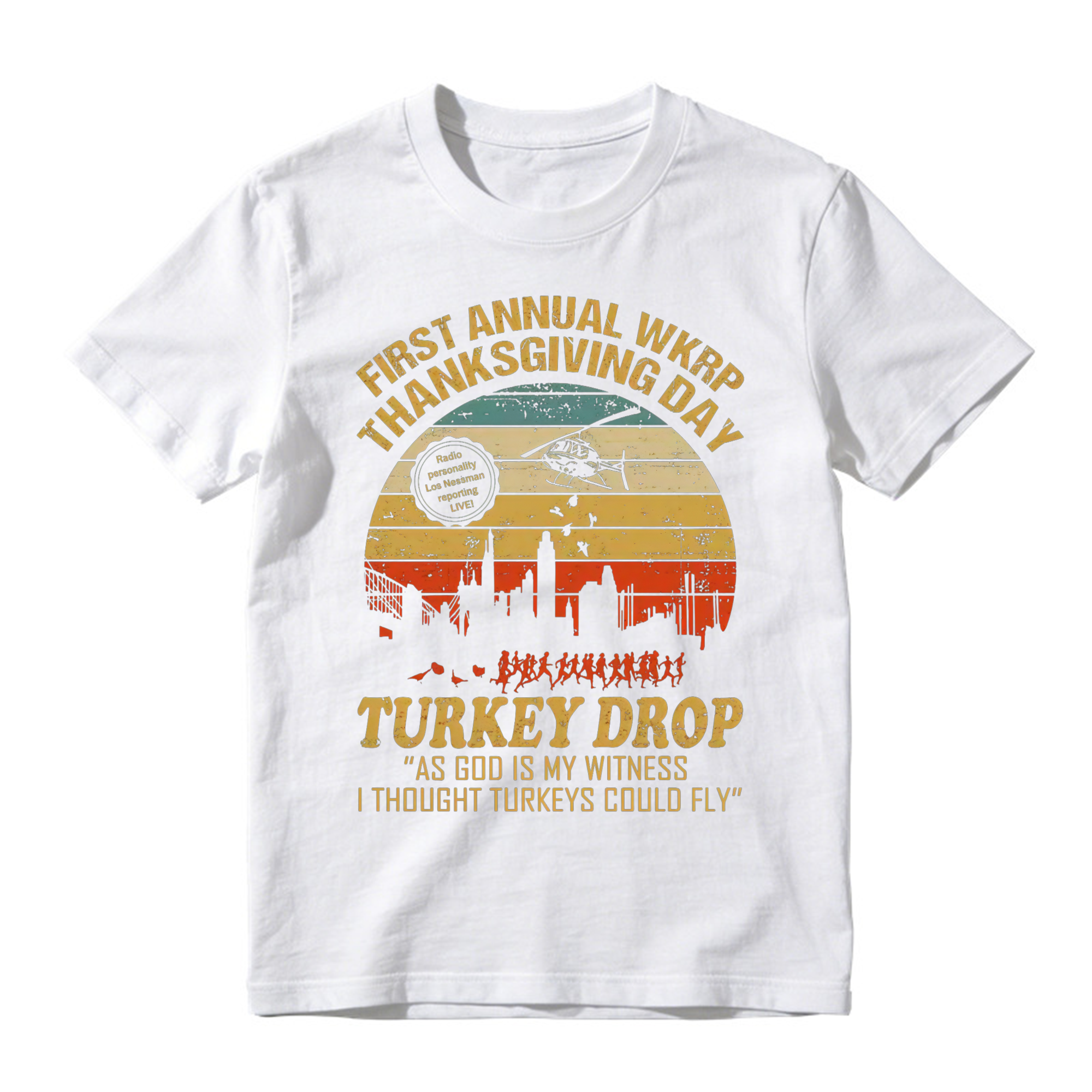 WKRP Thanksgiving Turkey Drop Graphic T-Shirt , As God Is My Witness I Thought Turkeys Could Fly Graphic Print, 70s TV Sitcom Retro Humor Top, Thanksgiving Fan Gift Streetwear
