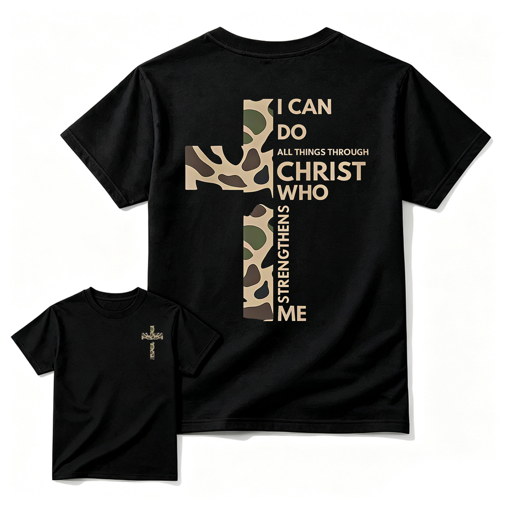 Christian Casual Round Neck Graphic T-Shirt - Camo Cross Print, Philippians 4:13, Relaxed Fit Soft Cotton, Fade-Resistant, Fashion Apparel, All Seasons Church Streetwear Top, Graphic T Shirts