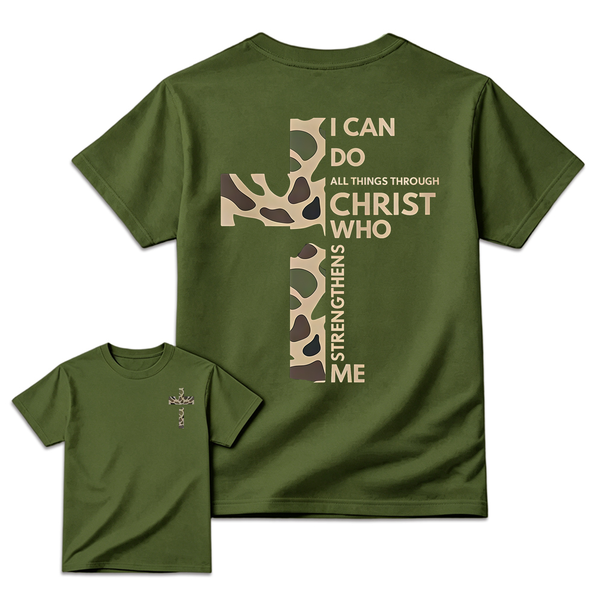 Christian Casual Round Neck Graphic T-Shirt - Camo Cross Print, Philippians 4:13, Relaxed Fit Soft Cotton, Fade-Resistant, Fashion Apparel, All Seasons Church Streetwear Top, Graphic T Shirts