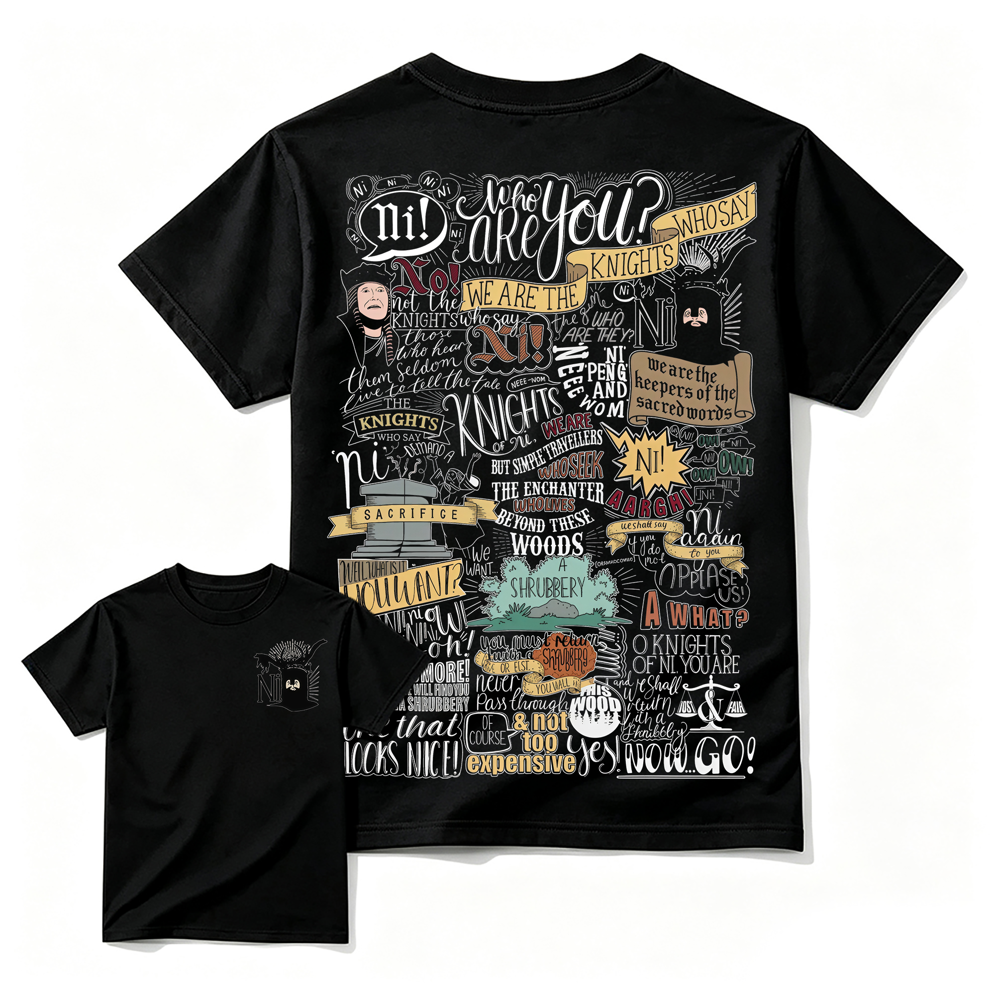 Ni! & Shrubbery Knights Who Say Ni Shirt 2sides, Monty Python and the Holy Grail Meme Tee, Funny 1975 Weirdcore Y2K Aesthetic Gift Unisex Shirt