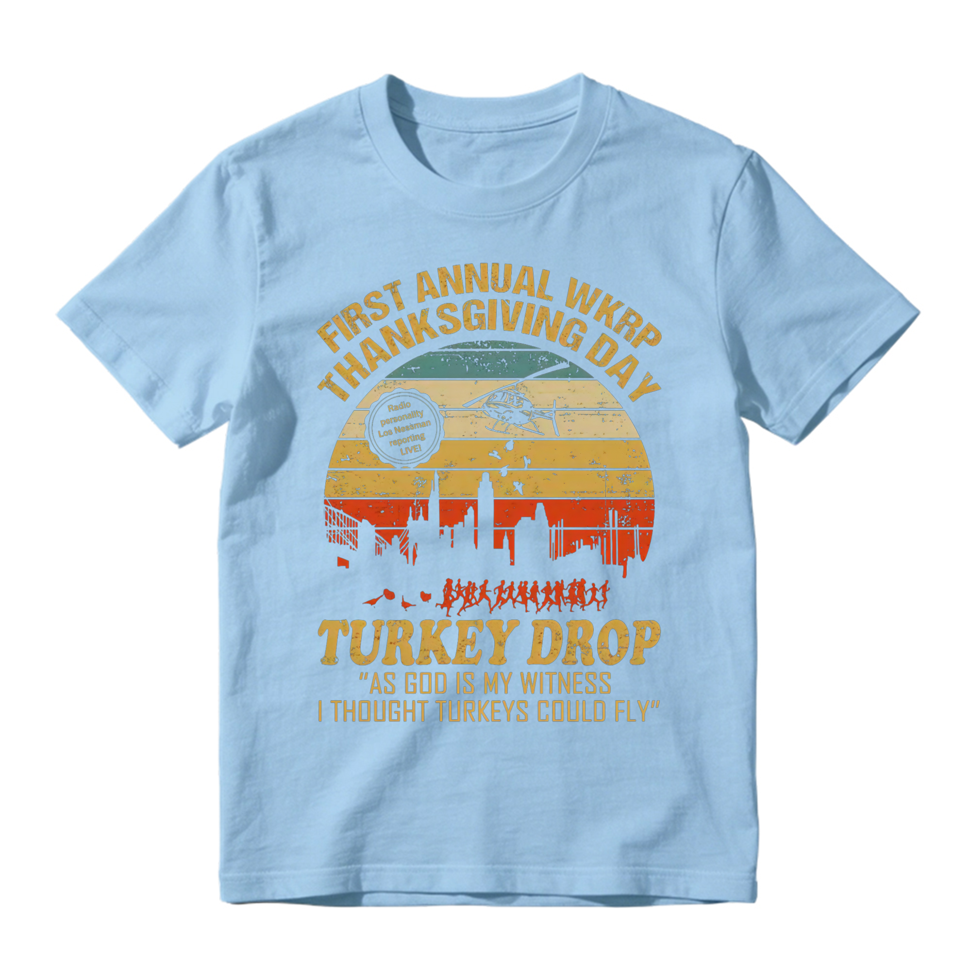 WKRP Thanksgiving Turkey Drop Graphic T-Shirt , As God Is My Witness I Thought Turkeys Could Fly Graphic Print, 70s TV Sitcom Retro Humor Top, Thanksgiving Fan Gift Streetwear