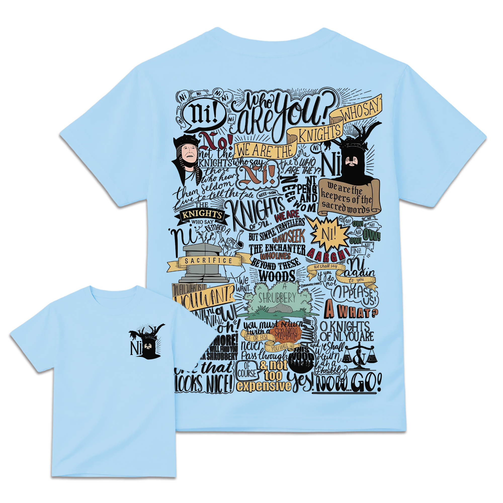 Ni! & Shrubbery Knights Who Say Ni Shirt 2sides, Monty Python and the Holy Grail Meme Tee, Funny 1975 Weirdcore Y2K Aesthetic Gift Unisex Shirt