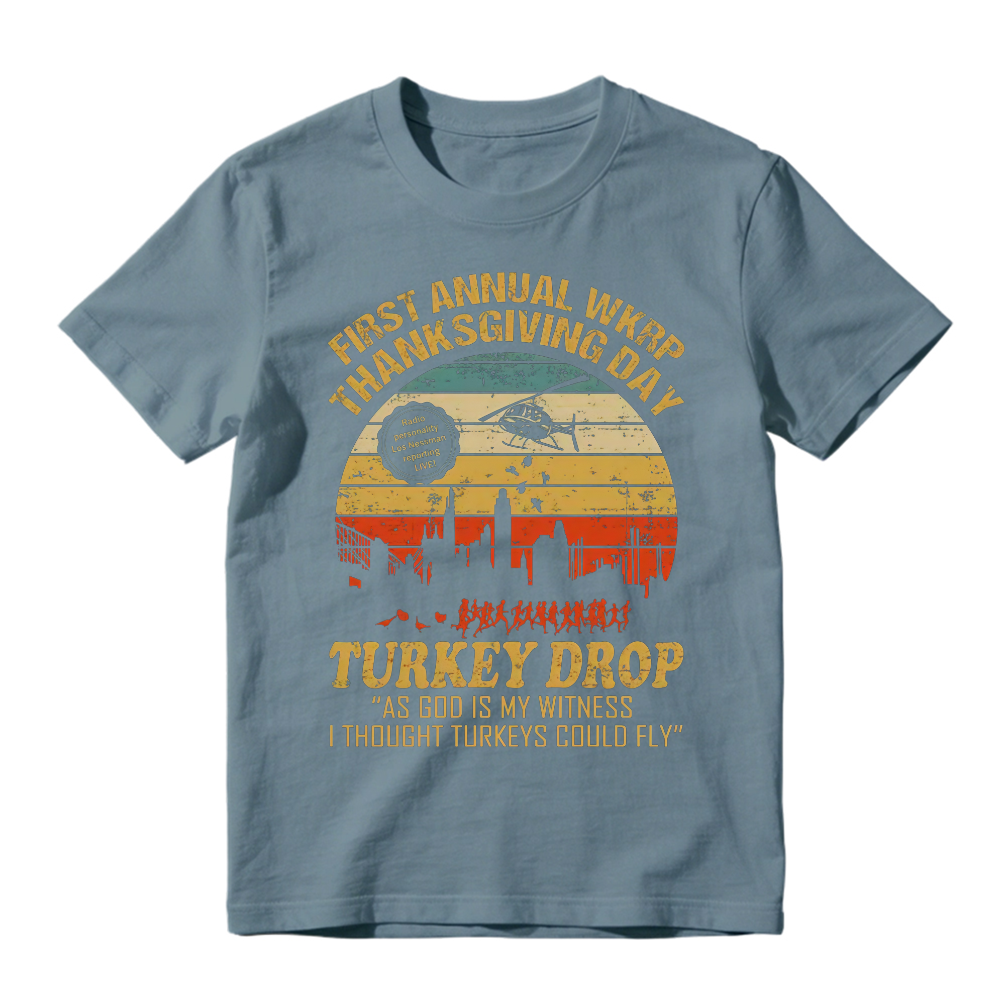 WKRP Thanksgiving Turkey Drop Graphic T-Shirt , As God Is My Witness I Thought Turkeys Could Fly Graphic Print, 70s TV Sitcom Retro Humor Top, Thanksgiving Fan Gift Streetwear